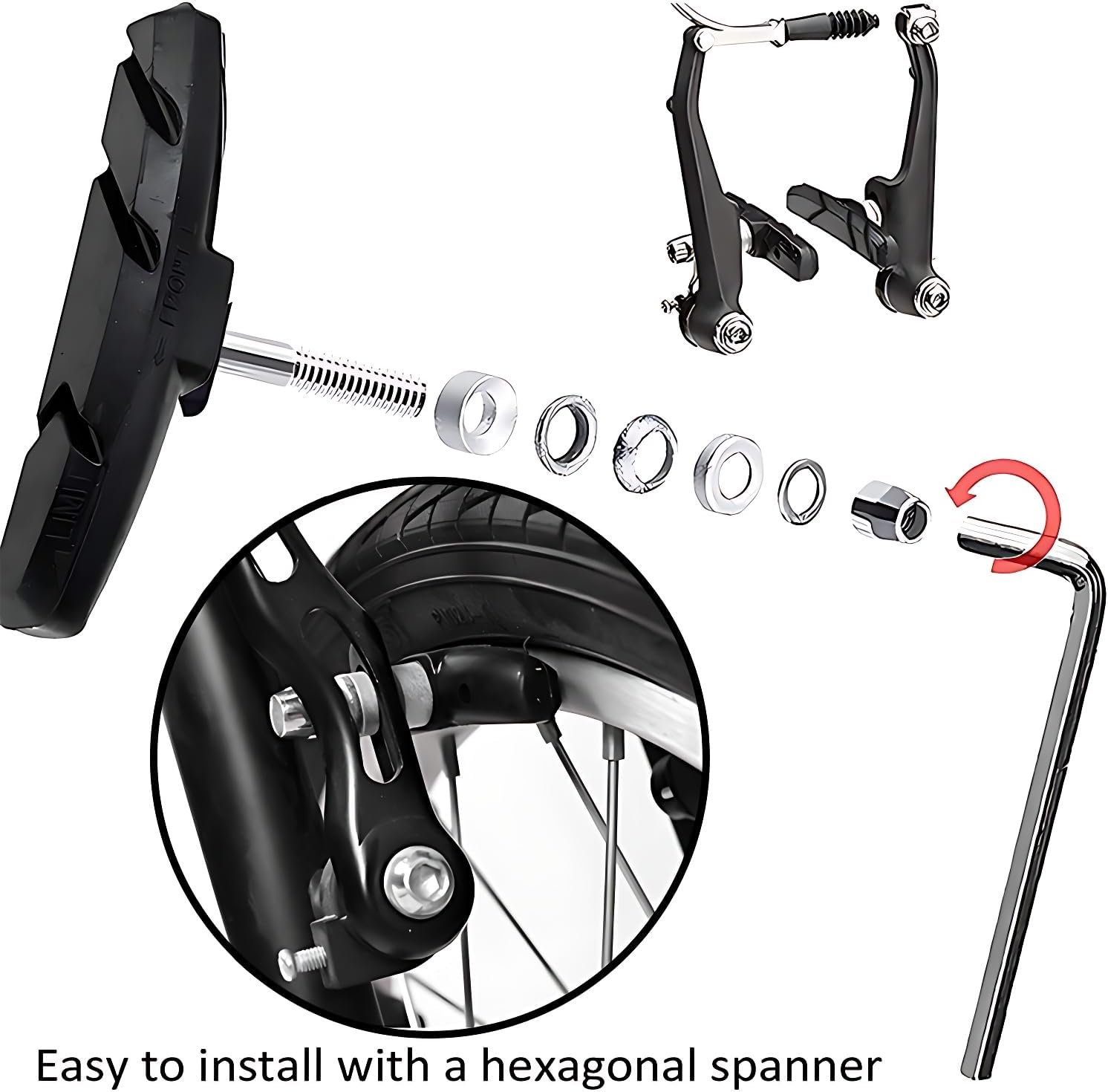 2 Pairs V Bike Brake Pads, 70mm V Brake Blocks, Bicycle Brake Blocks Set with Hex Nuts and Spacer, 1 hexagonal spanner included, for Road Bikes Mountain Bikes - Image 4