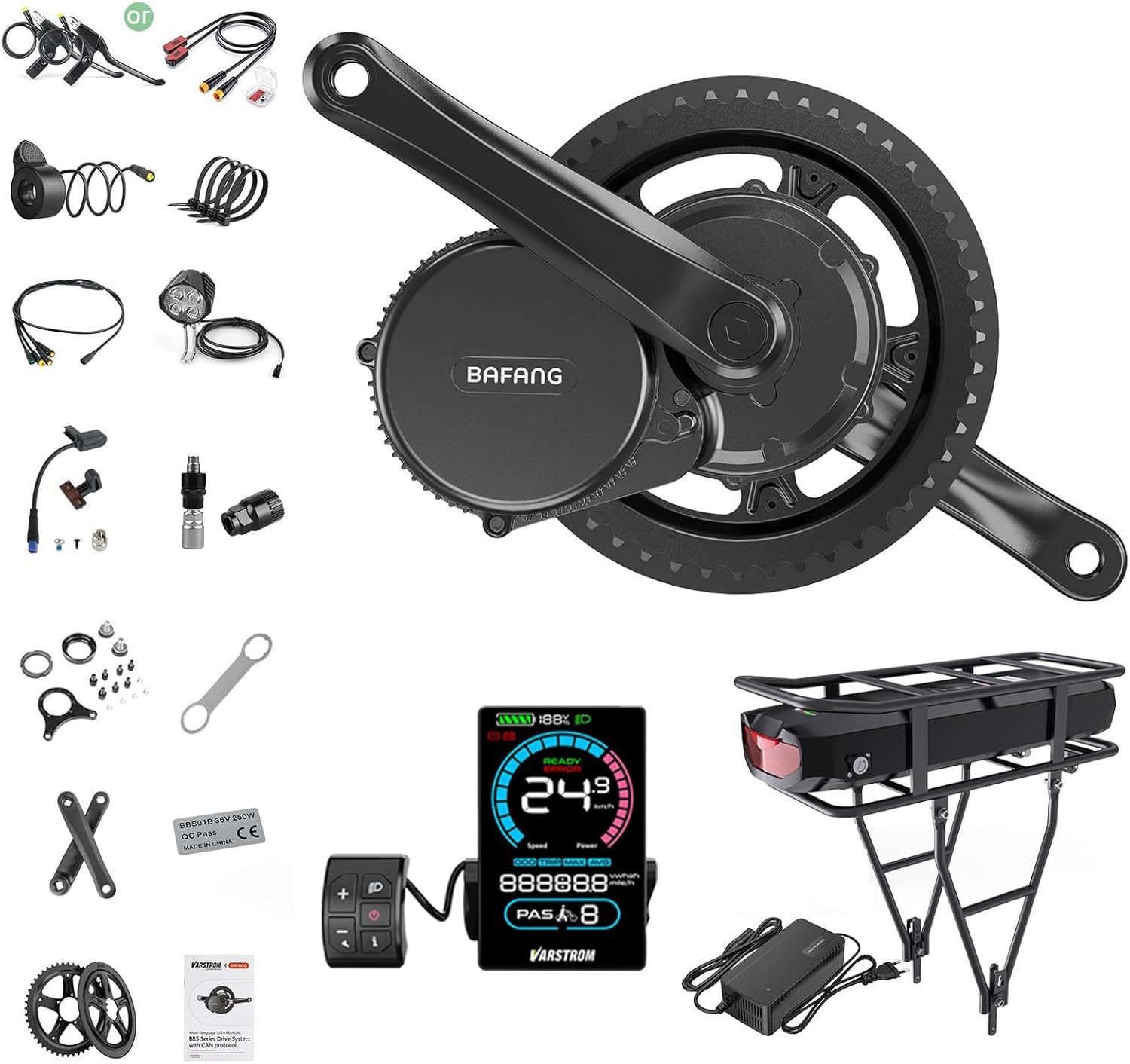 BAFANG Ebike Conversion Kit BBS01B 48V 250W Mid Drive Kit CAN Bus Electric Bike Conversion Kit with Optional 48V Battery & VD618 Display & 44T Chainring for BB68-73mm Mountain Bike
