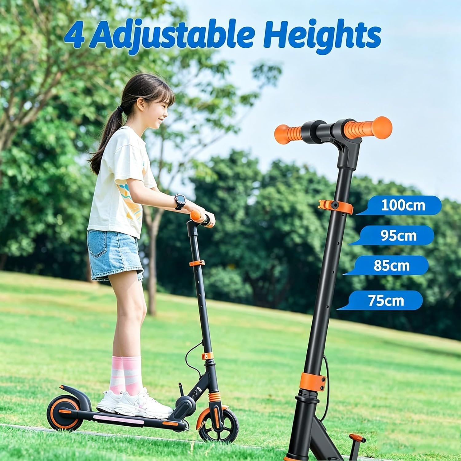 Kids Electric Scooter with 15km Range,6.5" Solid Tires,150W Motor, Foldable Aluminium Frame, Max 16km/h, Adjustable Height 75–100cm, LED Side Lights, Dual Brake System - Image 3
