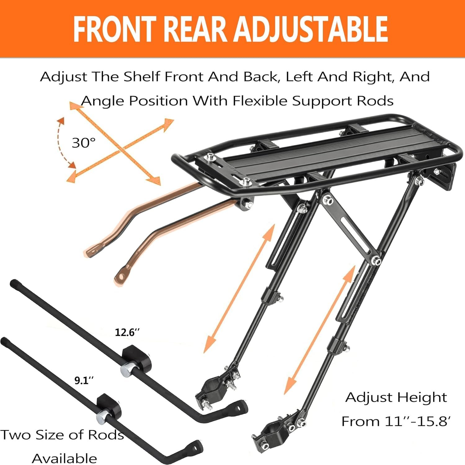 Rear Bike Rack with Large Size Reflective,Bike Cargo Rack with Extra Long Mounting Brackets,Universal Adjustable Touring Carrier Rack,Large Capacity Bike Pannier Rack - Image 3