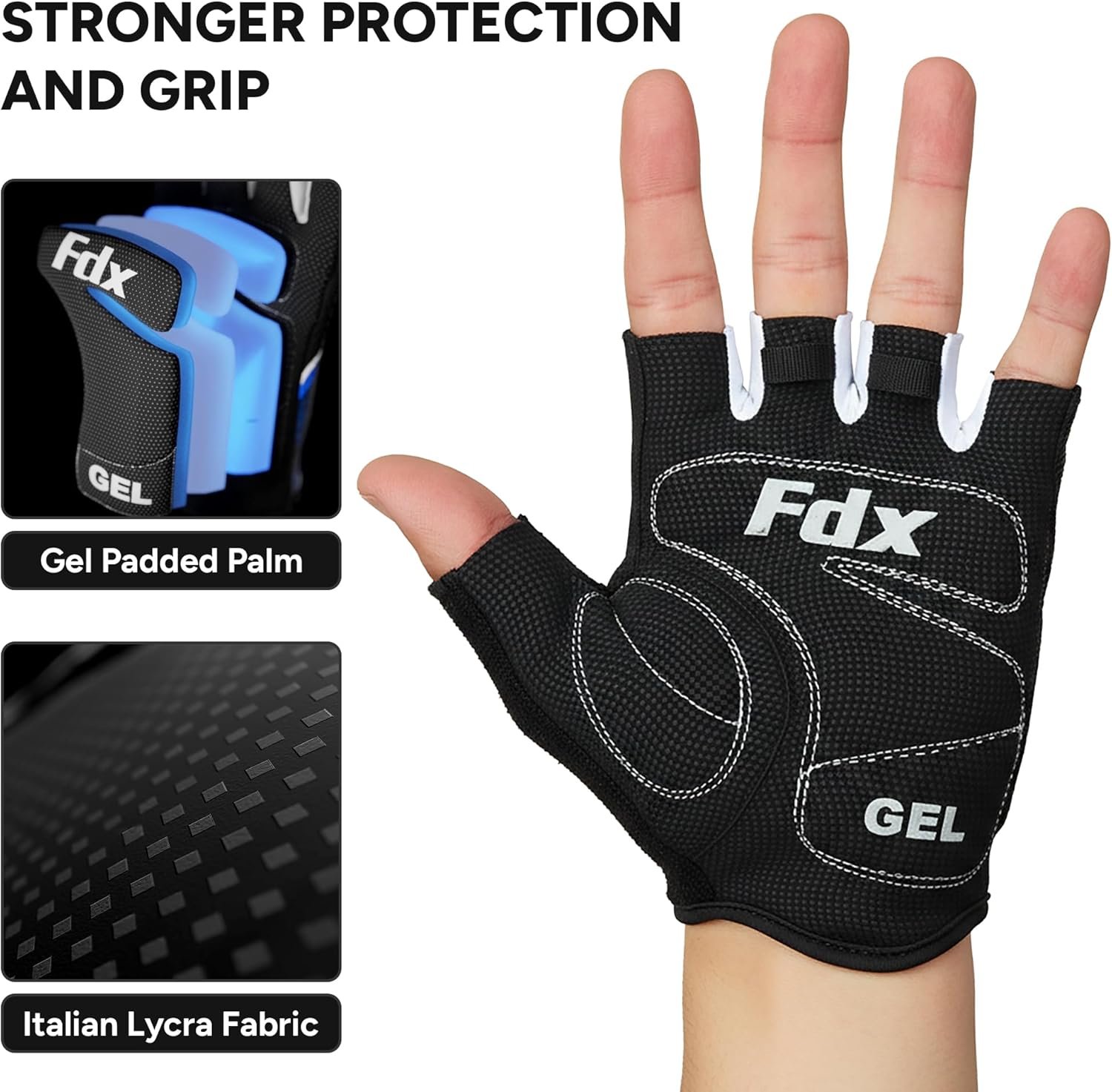 FDX Half Finger Cycling Gloves - Breathable, Gel Padded Protection, Anti-Slip - Fingerless Shock-absorbing Mitts for Mountain Bike, Road Bicycle, MTB, Riding, Men and Women - Image 3