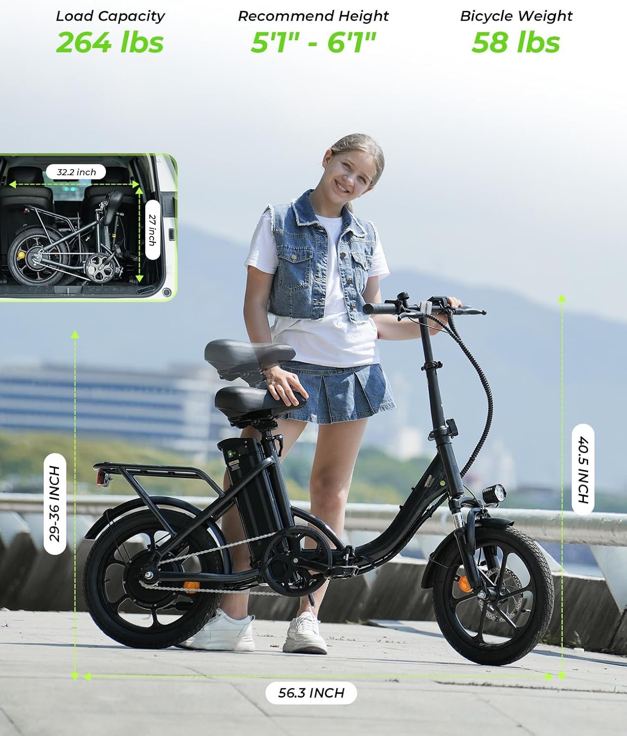 16 Inch Foldable Electric Bikes for Adults, 36V 10.4Ah Ebike with Removable Battery, Pedal Assist Max 88KM , Alloy Steel Frame, 3 Speed Levels, Front Shock Absorber, E-bike for Daily Commuting - Image 6