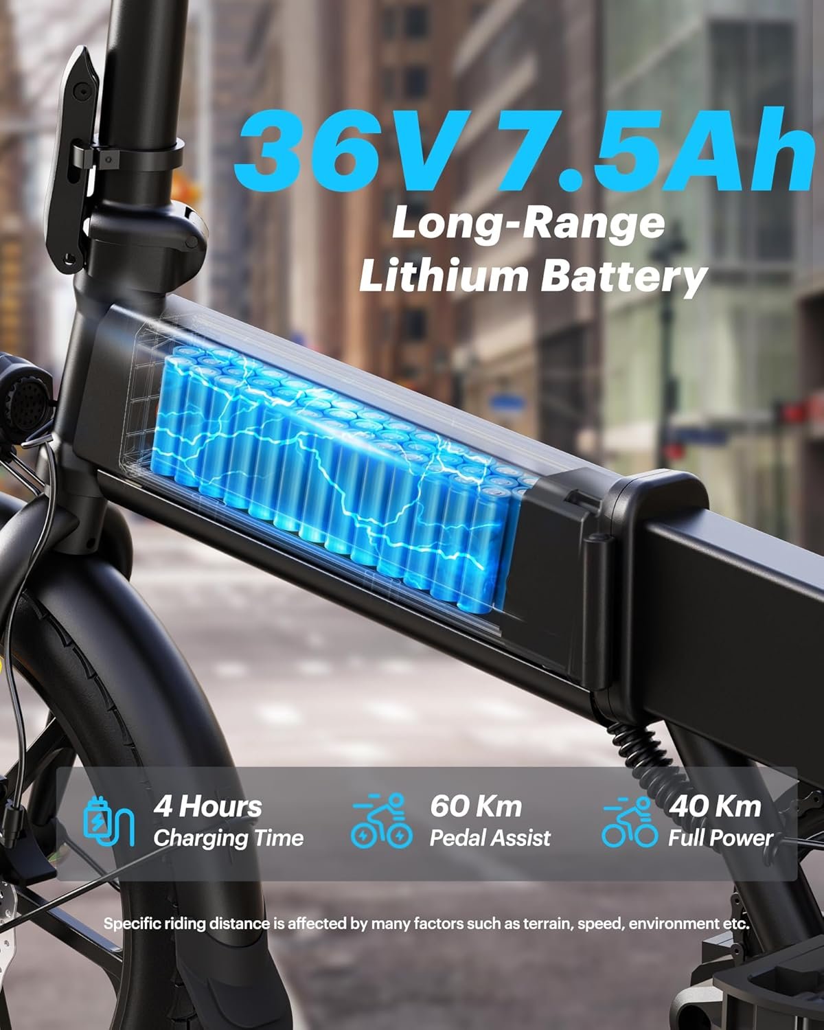 DYU 16" Folding Electric Bike, 250W Motor, 36V 7.5Ah Battery, 60KM Range, Height Adjustable, Commuter City Electric Bicycle with LED Display, Disc Brakes & Front Basket, E-Bike for Adults and Teens - Image 3