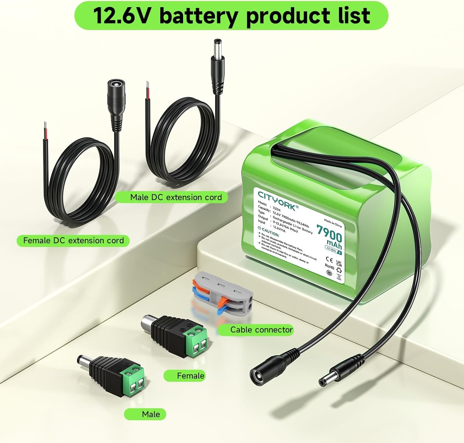 CITYORK 7900mAh 12.6V Rechargeable Lithium Battery Pack for solar charging panel, CCTV cameras, camcorders, MP3 players, LED strip lights - Image 2