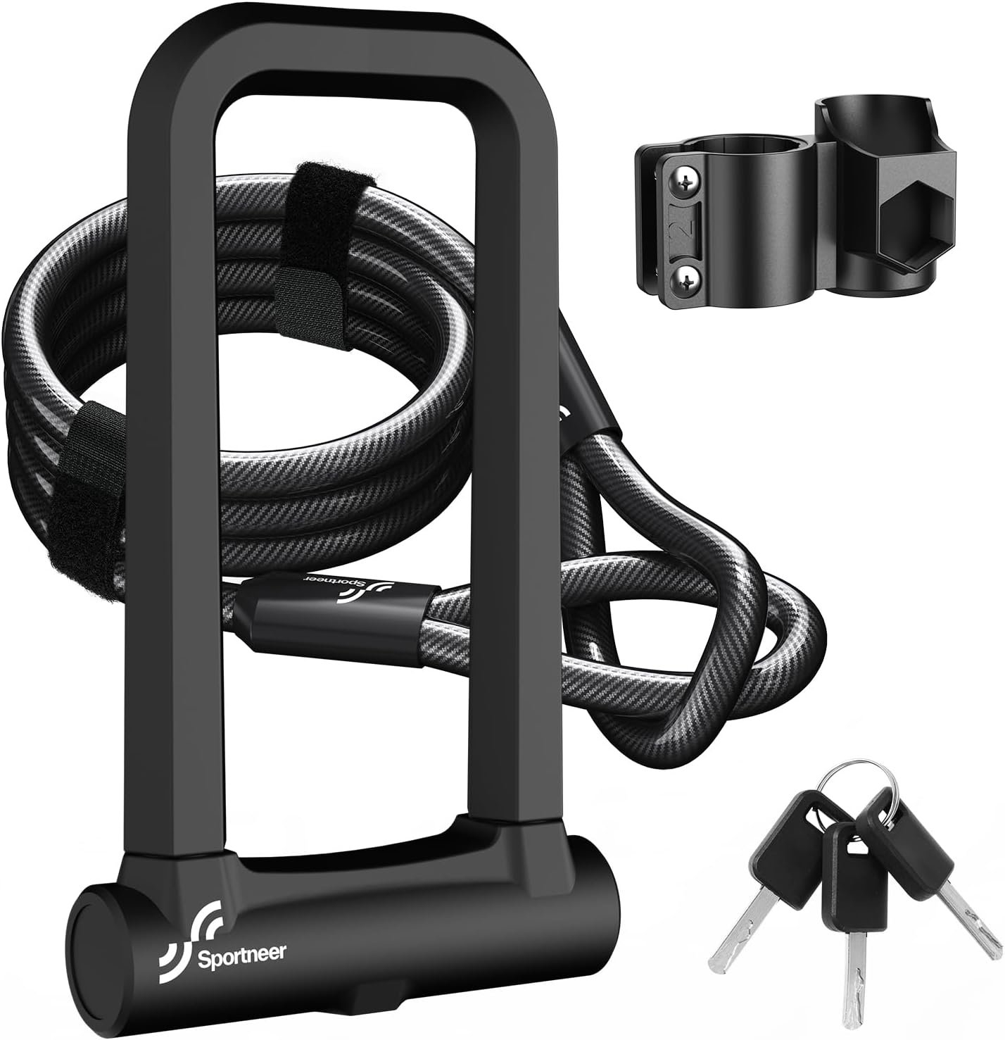 Sportneer Bike Lock: 18mm Heavy Duty Anti Theft Keyless Locking Bike U Lock with 5ft Security Steel Cable - Shackle Bicycle U-Locks with 3 Keys for Road, Mountain, Electric & Folding Bike