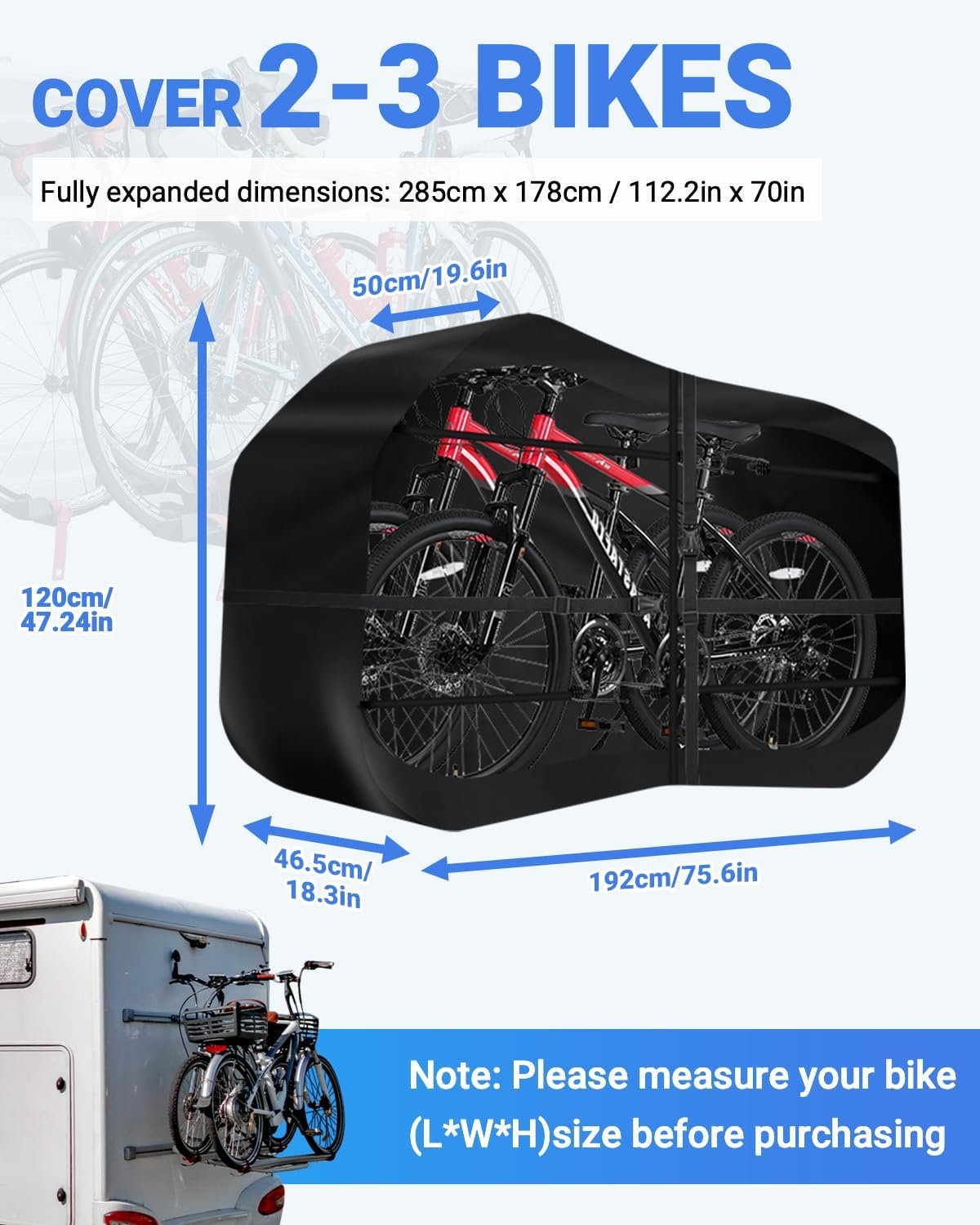 SUPAREE Bike Covers Transport Bike Covers for Outside Storage Bike Rack Cover for 2-3 Bikes Waterproof 420D Oxford Heavy Duty for Motorhome Caravan Car Hitch Travel Camping - Image 3