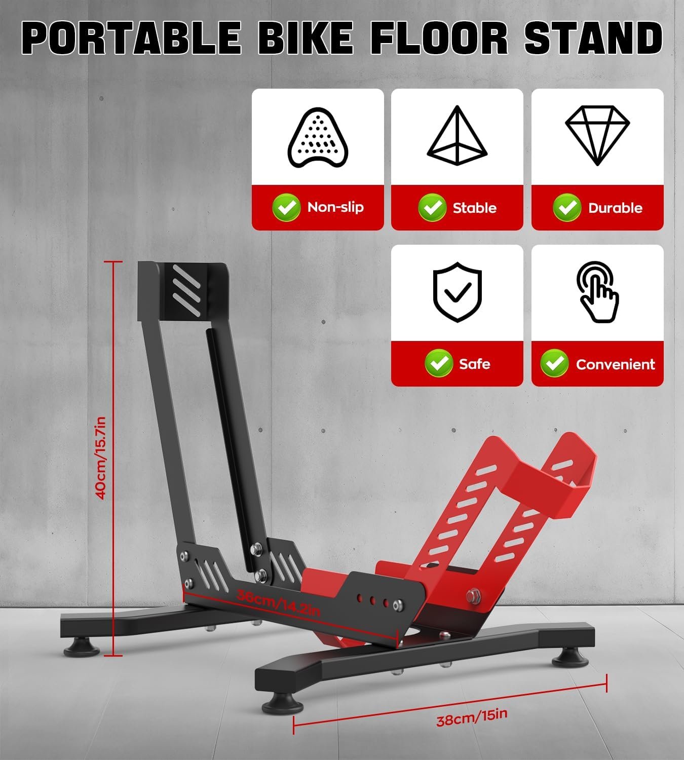 IMAYCC Professional Bike Stand Floor, Bike Stand for Indoor Cycling, Bike Rack for Garage/Home -Storage Bicycle Parking Rack Fit 26”-29”Mtb/Dirt/Road/Mountain(Red/Black) - Image 8