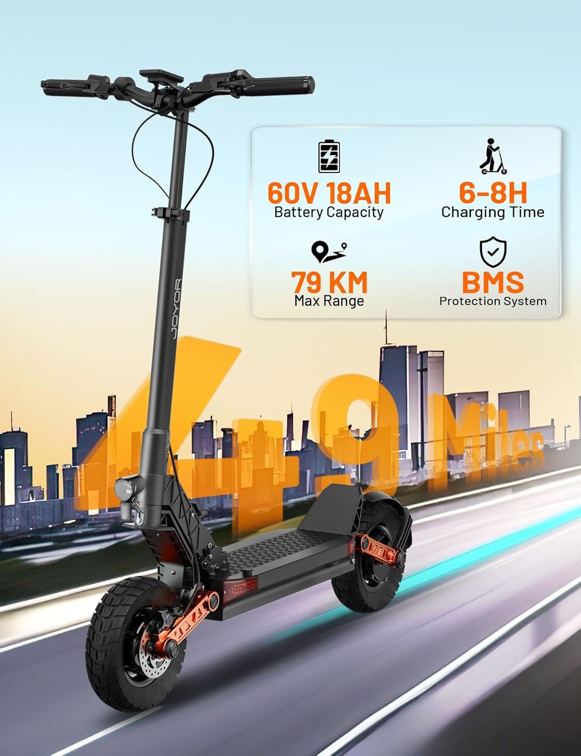 JOYOR Electric Scooter, S5-Z/S10-S-Z/T10 E Scooter with Single/Dual Powerful Motor and 35/49 Miles Long Range, 10" Off Road Tire and Dual Braking System & 4 Shock Absorbers, 330 LBS Load Capacity - Image 4