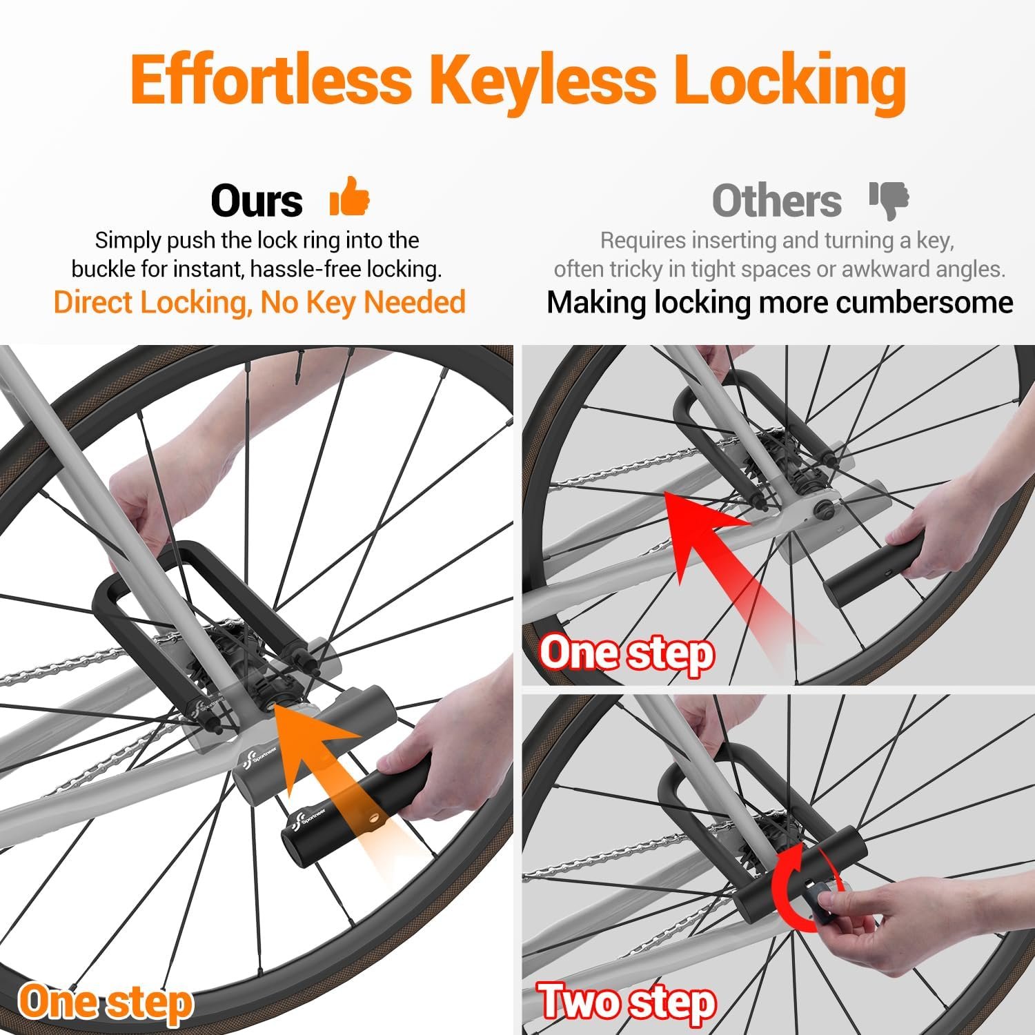 Sportneer Bike Lock: 18mm Heavy Duty Anti Theft Keyless Locking Bike U Lock with 5ft Security Steel Cable - Shackle Bicycle U-Locks with 3 Keys for Road, Mountain, Electric & Folding Bike - Image 2
