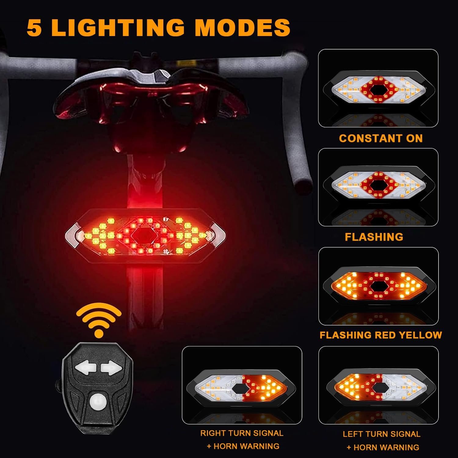 EBUYFIRE Rear Bike Light with Indicators -Bike Lights 5 Lighting Modes USB Rechargeable Tail Lamp with Wireless Remote and Safety Horn - for Cycling Helmet and Seatpost with IPX4 Water Resistance - Image 2