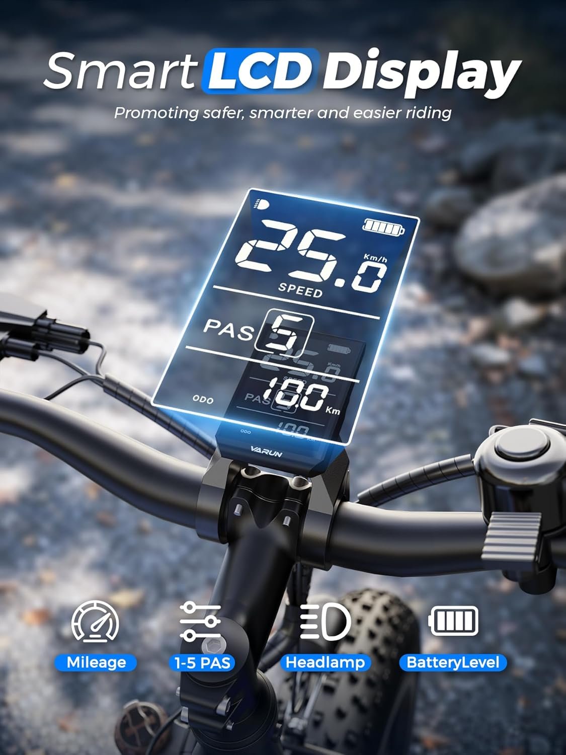VARUN Electric Bikes for Adults, 26'' 4.0 Fat Tire E Bike with 48V 18AH/13AH Lithium Battery, 100-150KM Max Range, 250W Motor, LCD Display with 5 PAS, 7 Speed Electric Mountain Bike for All Terrains - Image 5