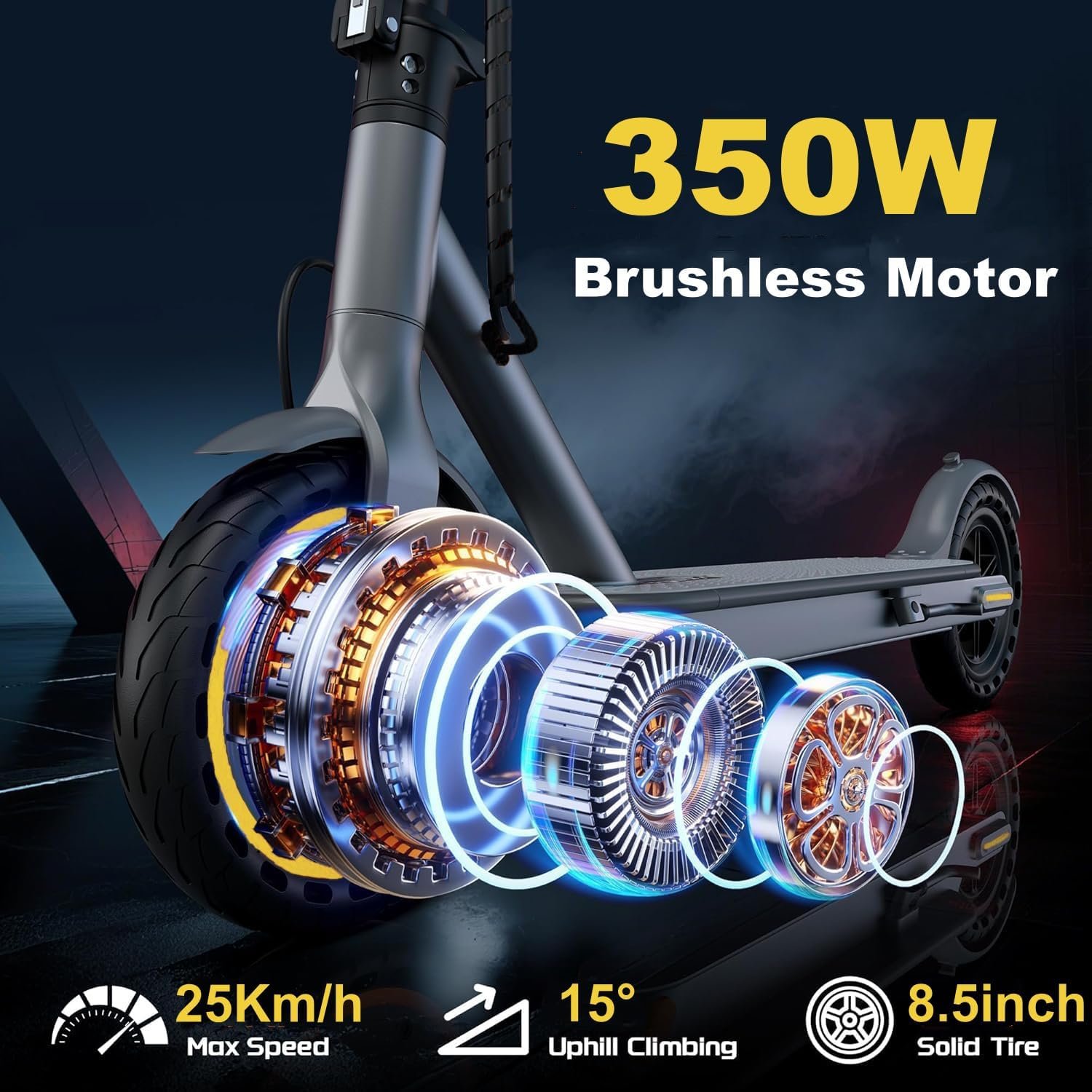 Electric Scooter, 350W Electric Scooter Adult with 25-35KM Range, Max Speed 25KM/H, 8.5" Solid Tire, Double Braking System for Adults and Teens - Image 2