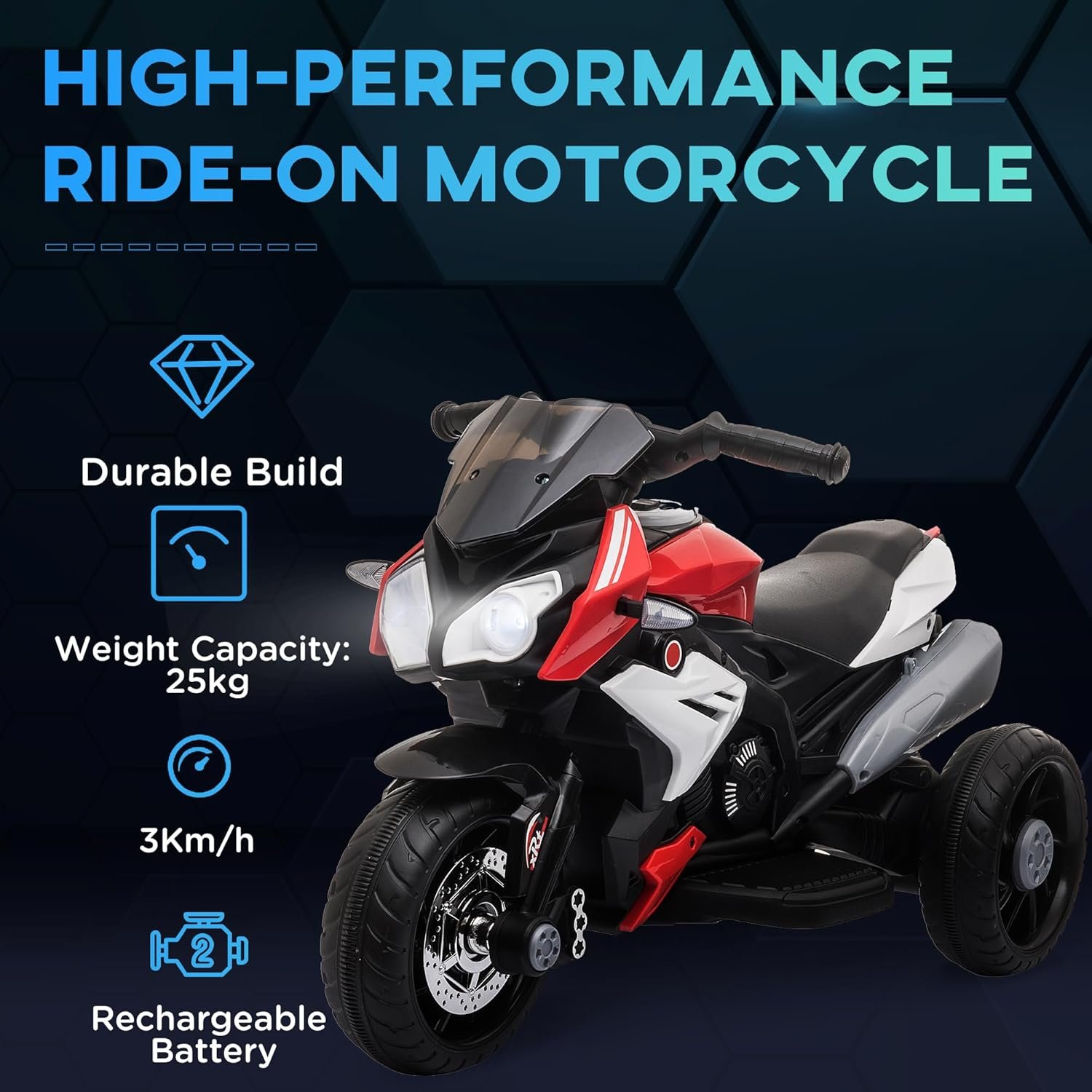 HOMCOM Kids 6V Electric Ride On Motorcycle Electric Motorbike w/Lights Music Horn 3 Wheel Outdoor Play Toy for 3-5 Years, Red - Image 4