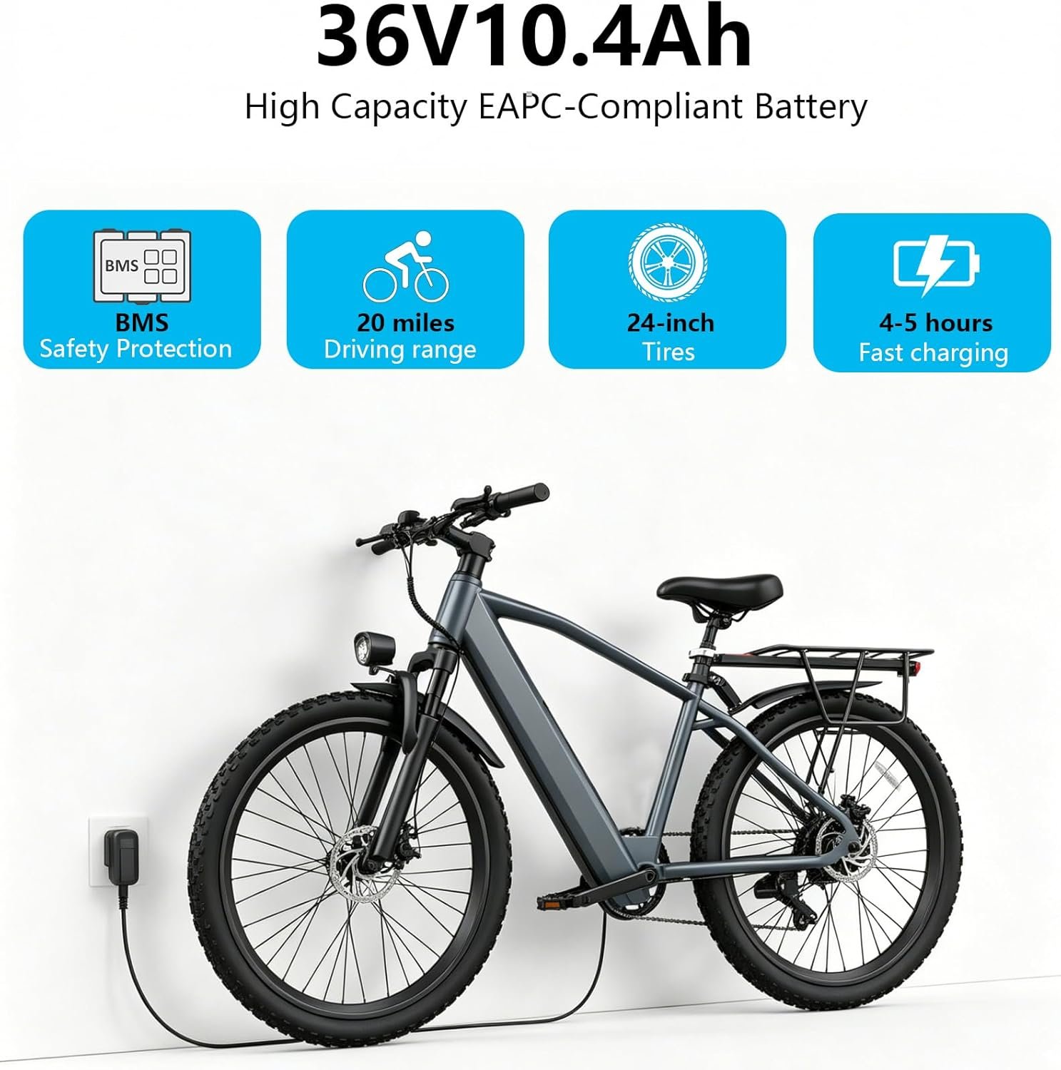 26" Electric Bike for Adults, 36V 10.4Ah Battery 250W Powerful Motor Ebike with LCD Display, 7-Speed Gear System 3 Riding Mode Electric Mountain Bikes, E-bike for Commuting - Image 5