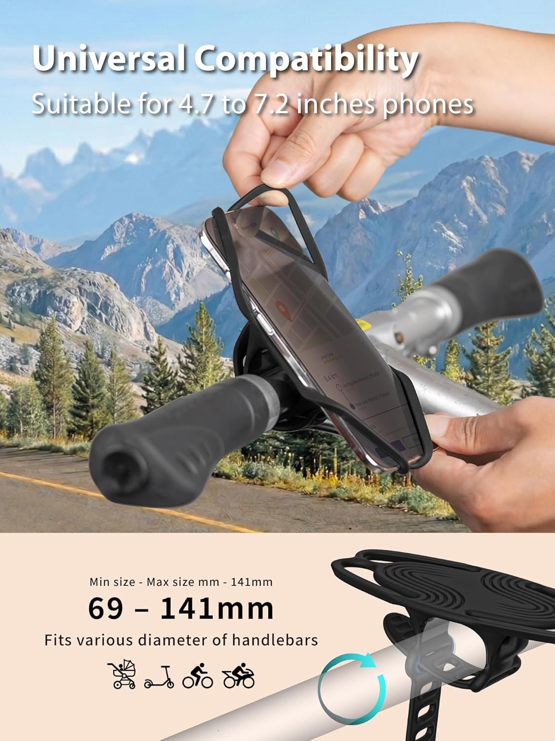 BONE Bike Tie 6, Bike Phone Mount for Handlebar, Scratch-Free Silicone Holder with Dual-Strap Stability and Tuackable Design, Universal MTB Cycling iPhone Holder Compatible with 4.7"~7.2" - Image 5