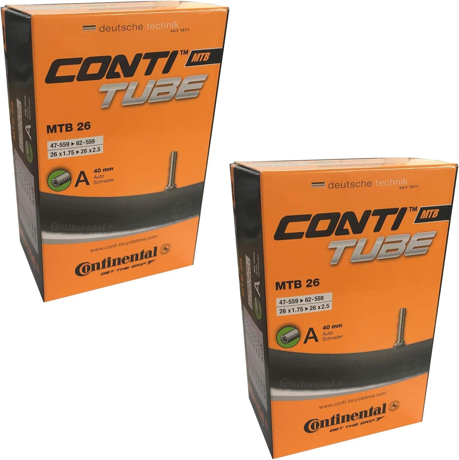 Continental 26" x 1.75-2.5 Mountain Bike Inner Tube - Schrader 40mm Valve (Set of 2),Black