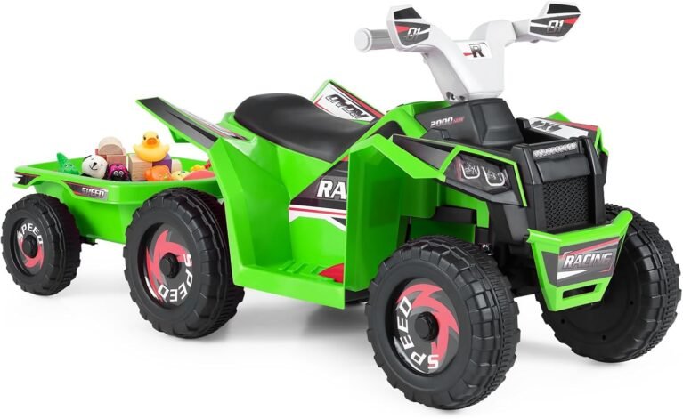 COSTWAY 6V Kids Electric Ride on ATV Car, Battery Powered Quad Bike with Removable Back Trailer, 4 Wear-Resistant Wheels, Forward/Backward/Reverse Button, for Boys Girls 3+ Years Old (Green)
