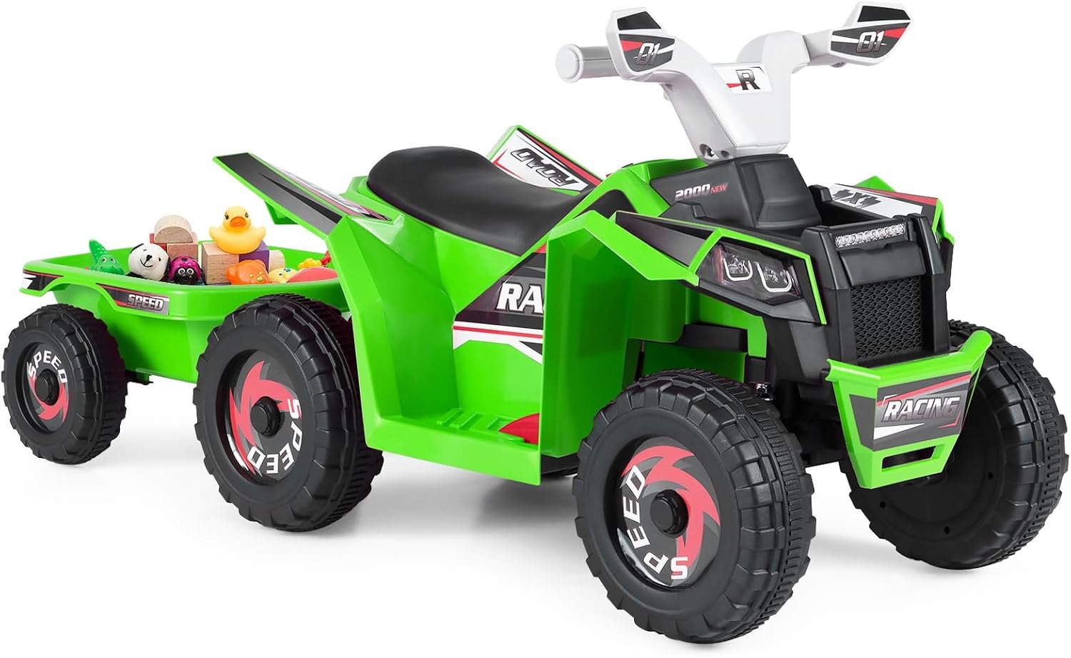 COSTWAY 6V Kids Electric Ride on ATV Car, Battery Powered Quad Bike with Removable Back Trailer, 4 Wear-Resistant Wheels, Forward/Backward/Reverse Button, for Boys Girls 3+ Years Old (Green)