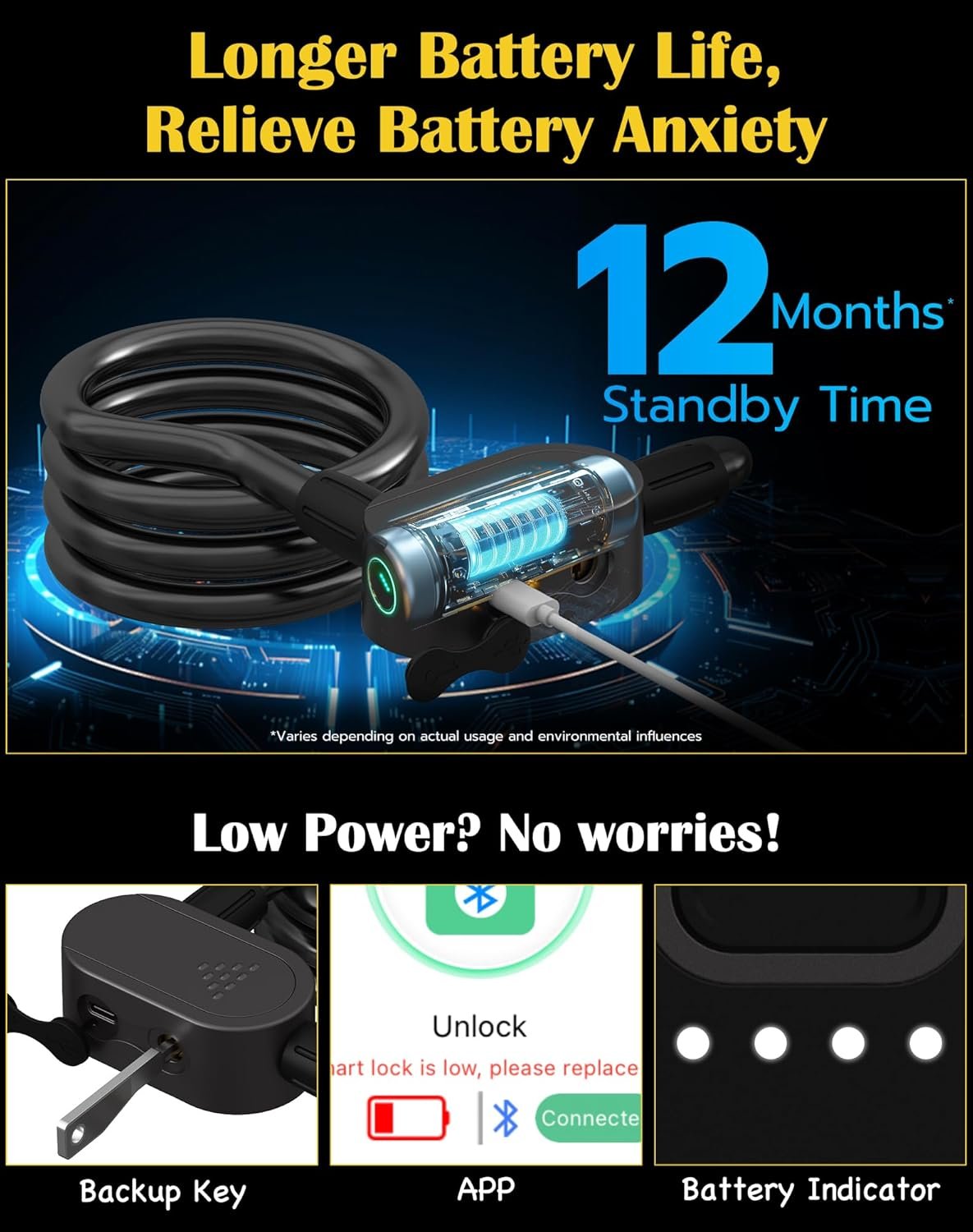 Eseesmart Bike Lock with Fingerprint, Bicycle Lock with Keys Fingerprint Bluetooth Control Digital Electronic Biometric, Heavy Duty Waterproof High Security Bike Locks Scooter Motorcycle Bicycle-Black - Image 3