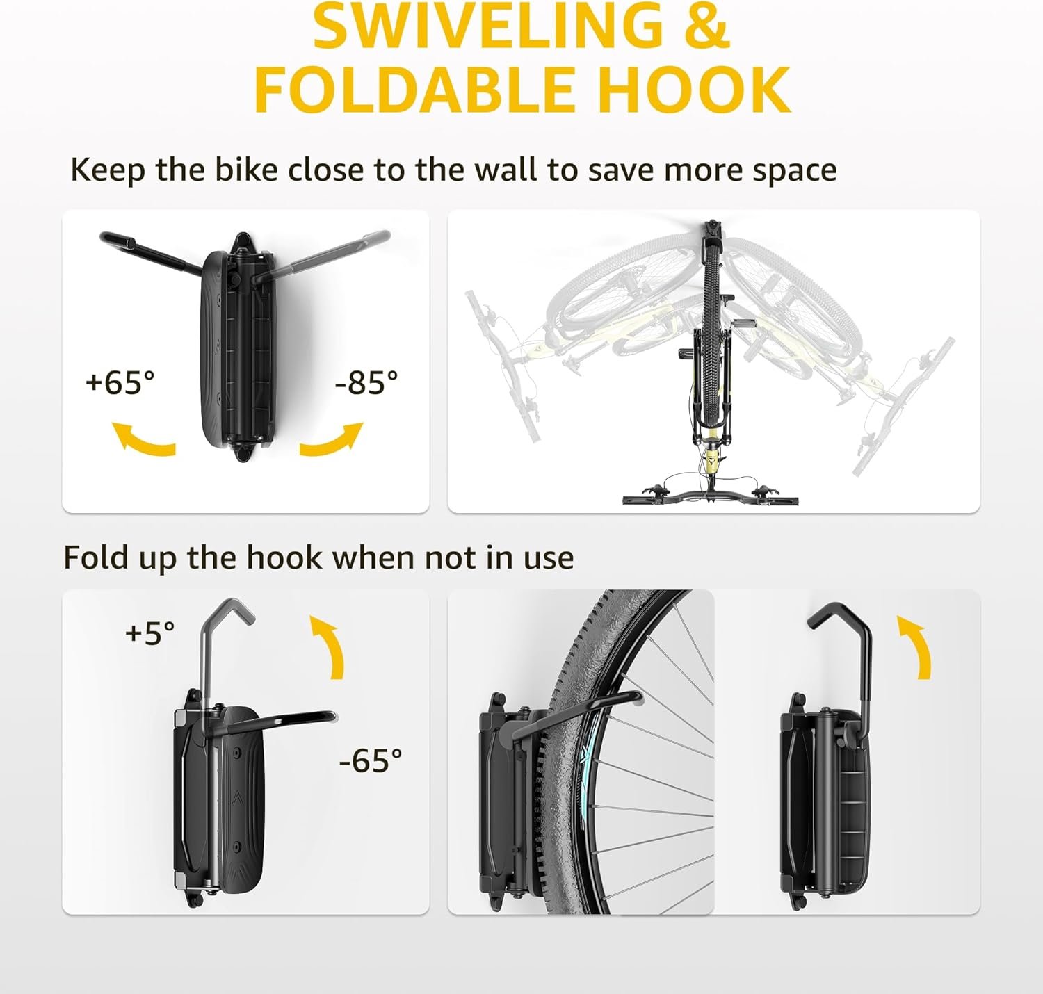 monTEK Swivel Bike Wall Mounts, 2-Pack Heavy Duty Bike Racks, Hold up to 30kg, Space-Saving Vertical Bicycle Storage for Garage, Wall-Mounted Hooks for MTB, Road & Hybrid Bikes - Image 2