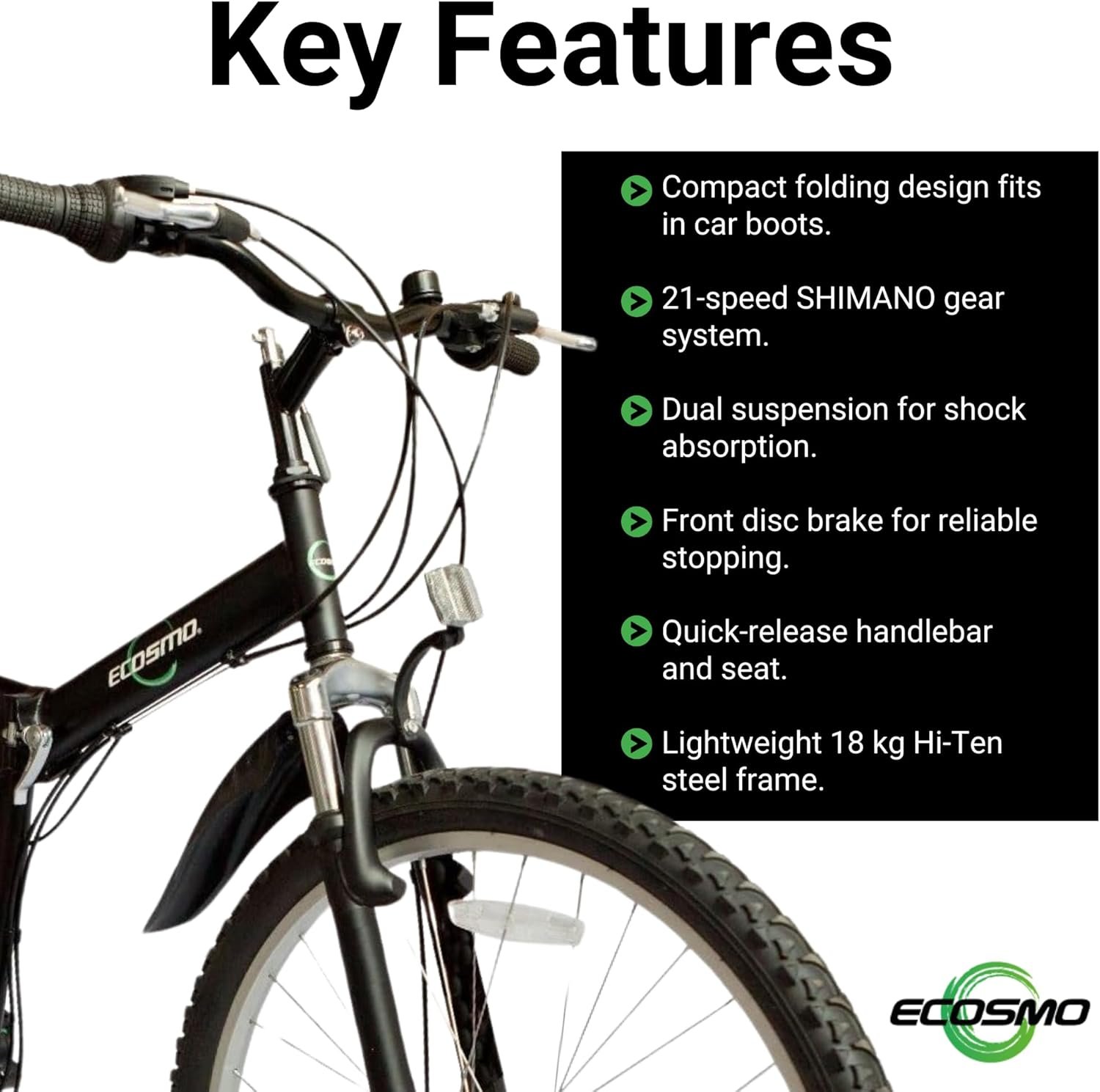 ECOSMO 26 Inch Folding Mountain Bike -21 speed SHIMANO gear system, Dual Suspension,Front Disc Brake, Quick Release Mechanism, Hi-Ten Steel Frame, All Terrain Folding Bicycle (26SF02BL) - Image 3