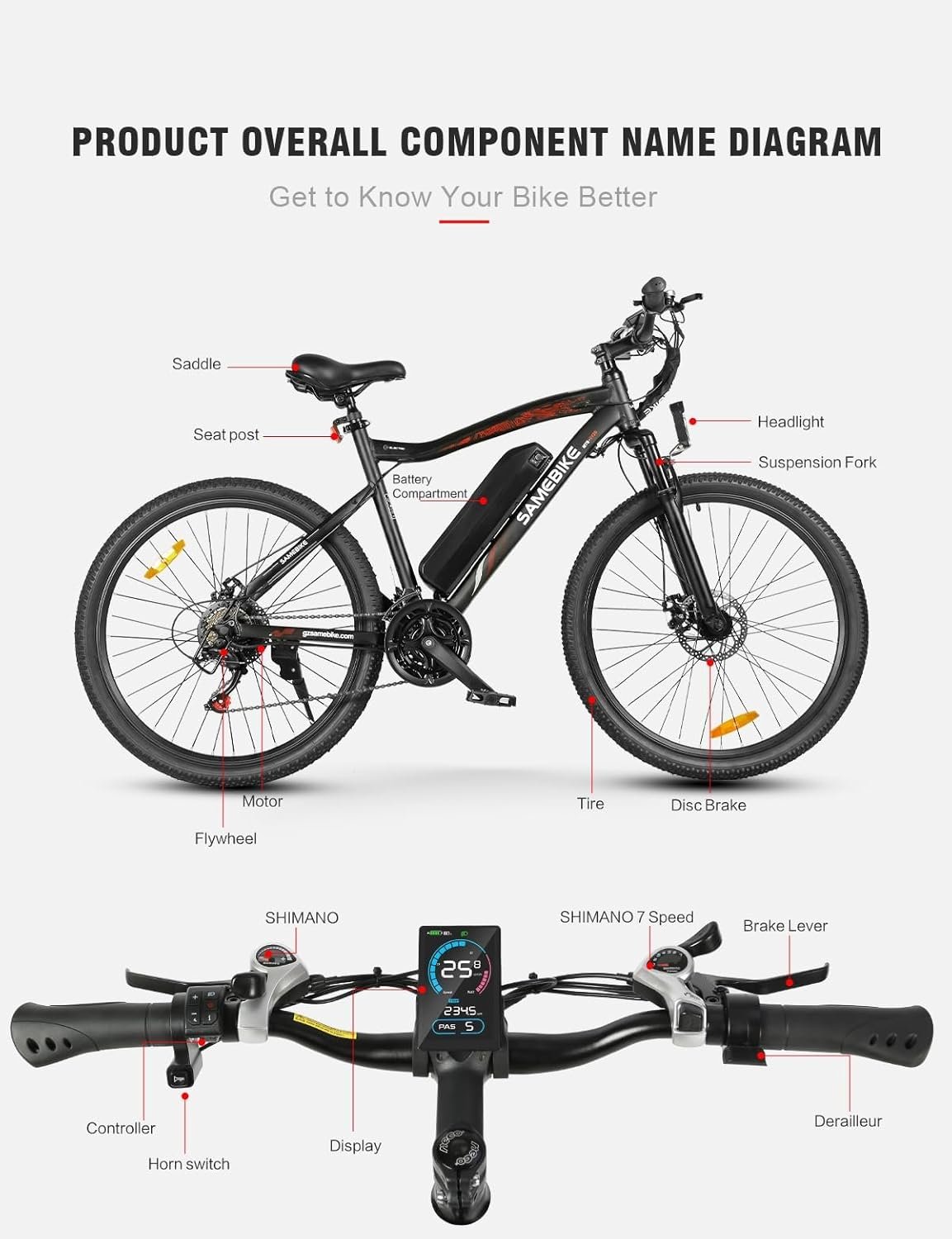 SAMEBIKE 26" Hardtail Electric Bike, Removable Battery 90KM Range(PAS) &25KM/H Top Speed, Mountain E-Bike,Fork Suspension Commuter &Outdoor Electric Bicycle for Adults - Image 8