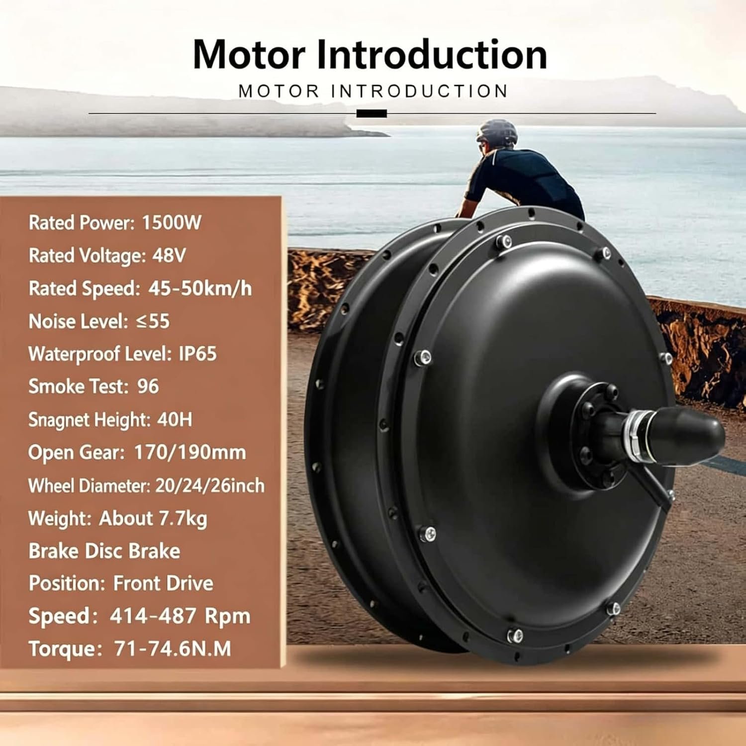 20-24-26" Fat Tire Electric Bike Conversion Kit 48V 1500W Front Hub Motor for 135Mm Dropout,Front Wheel Drive E-Bike Hub Conversion Kit 48V1500W,26" - Image 2
