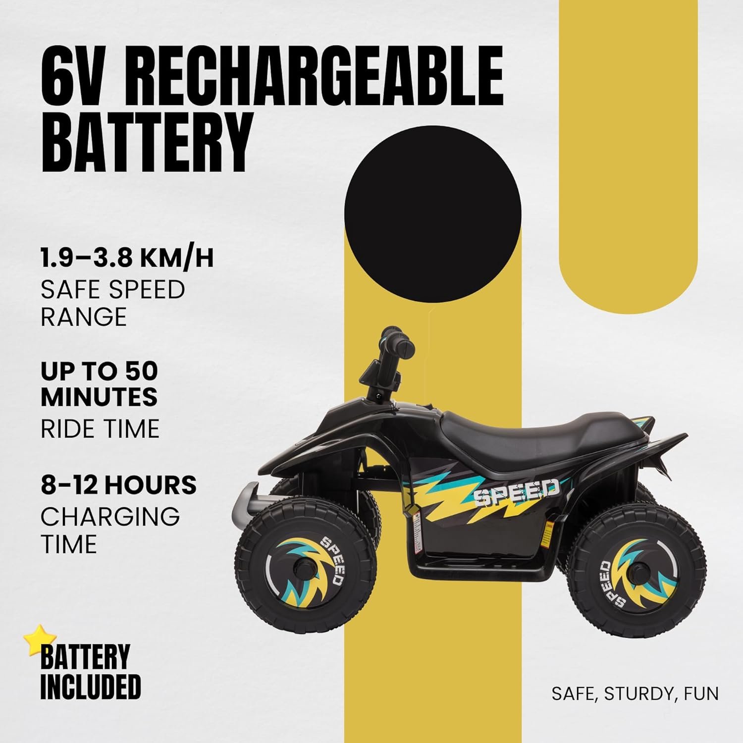 Straame 6V Electric Ride-On Quad Bike ATV for Toddlers Ages 18-36 Months, Forward/Reverse, 4-Wheel Design, 1.9-3.8 km/h Speed, 72×40×45.5 cm (Black) - Image 2