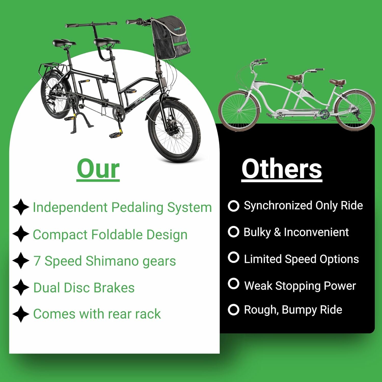 ECOSMO 20" New Folding City Tandem Bicycle Bike,7 Speeds, Dual Disc Brakes, Free Front Bag & Rear rack- 20TF01BL - Image 7