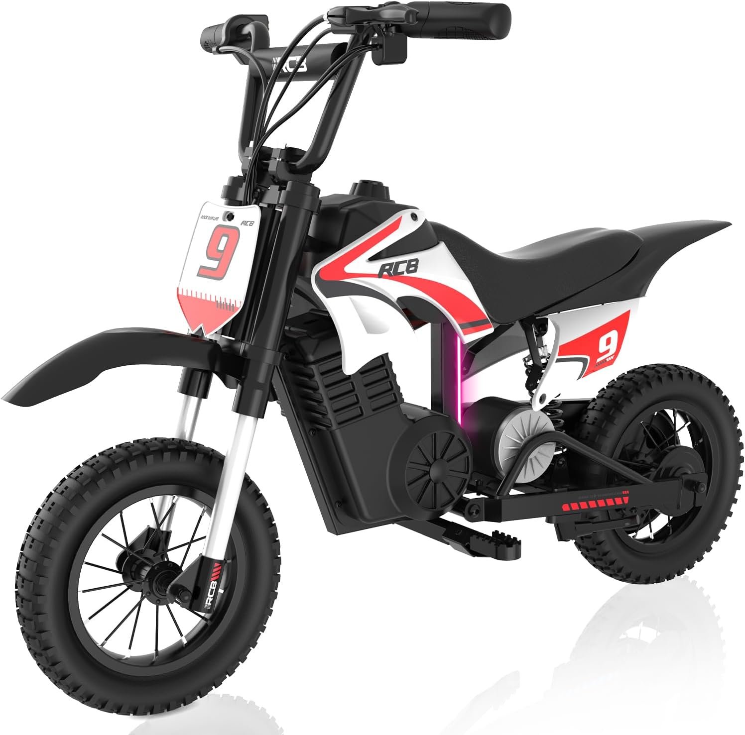 RCB R9X PRO Kids Ride On Motorcycle, Electric Motorbike with 350W Motor, 6.2/9.3/15.5mph Speed Modes & 9.94Miles Long Range, Ambient lighting, Dual Suspension, 12" Motor Cross for Kids Aged 6+