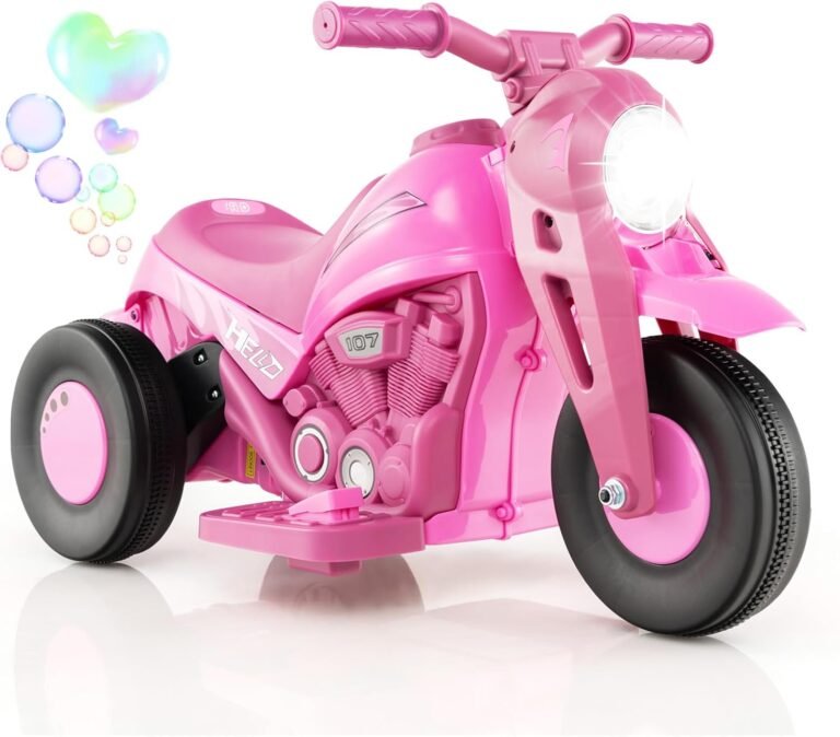 GYMAX Kids Electric Motorbike, 6V Ride on Motorcycle with Bubble Maker, Music, Headlights, Forward & Backward, 3 Wheels Children Motor Bike for 3 Years Old+ Boys Girls (Pink), 81 x 36 x 43 cm