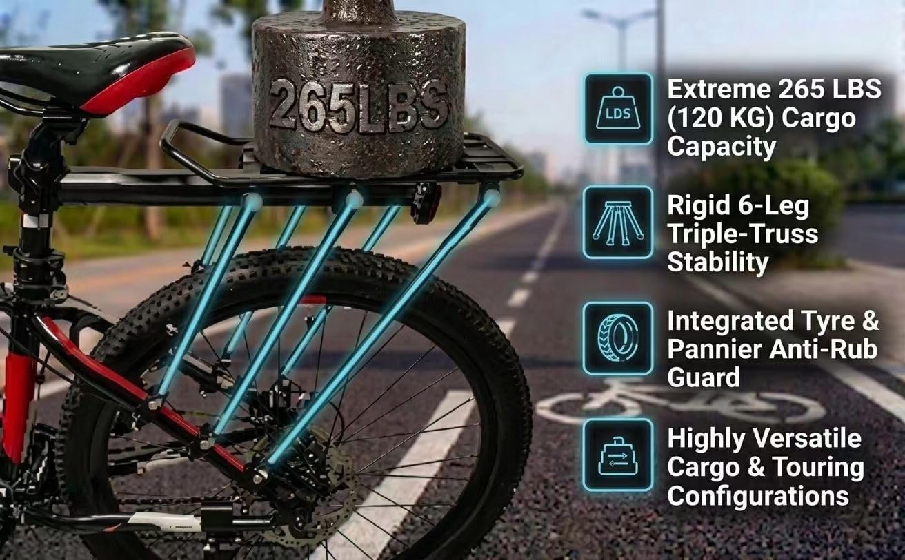 COMINGFIT 2026 Upgraded Bicycle Cargo Rack, 265lbs Heavy Duty Bike Rear Rack, 6-Leg Triple Strength Stability, 2.0mm Thickened Universal for MTB Road City Kids Fat Tire Bike (3.5"), Anti-Rub Guards - Image 4