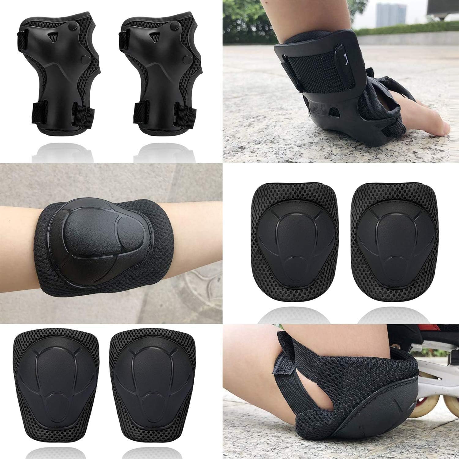 Kids Sports Protective Gear Set,6 PCS Wrist Guard Knee Elbow Pads for Children Protection Skateboard Inline Roller Skating Biking Riding Scooter,Black - Image 5