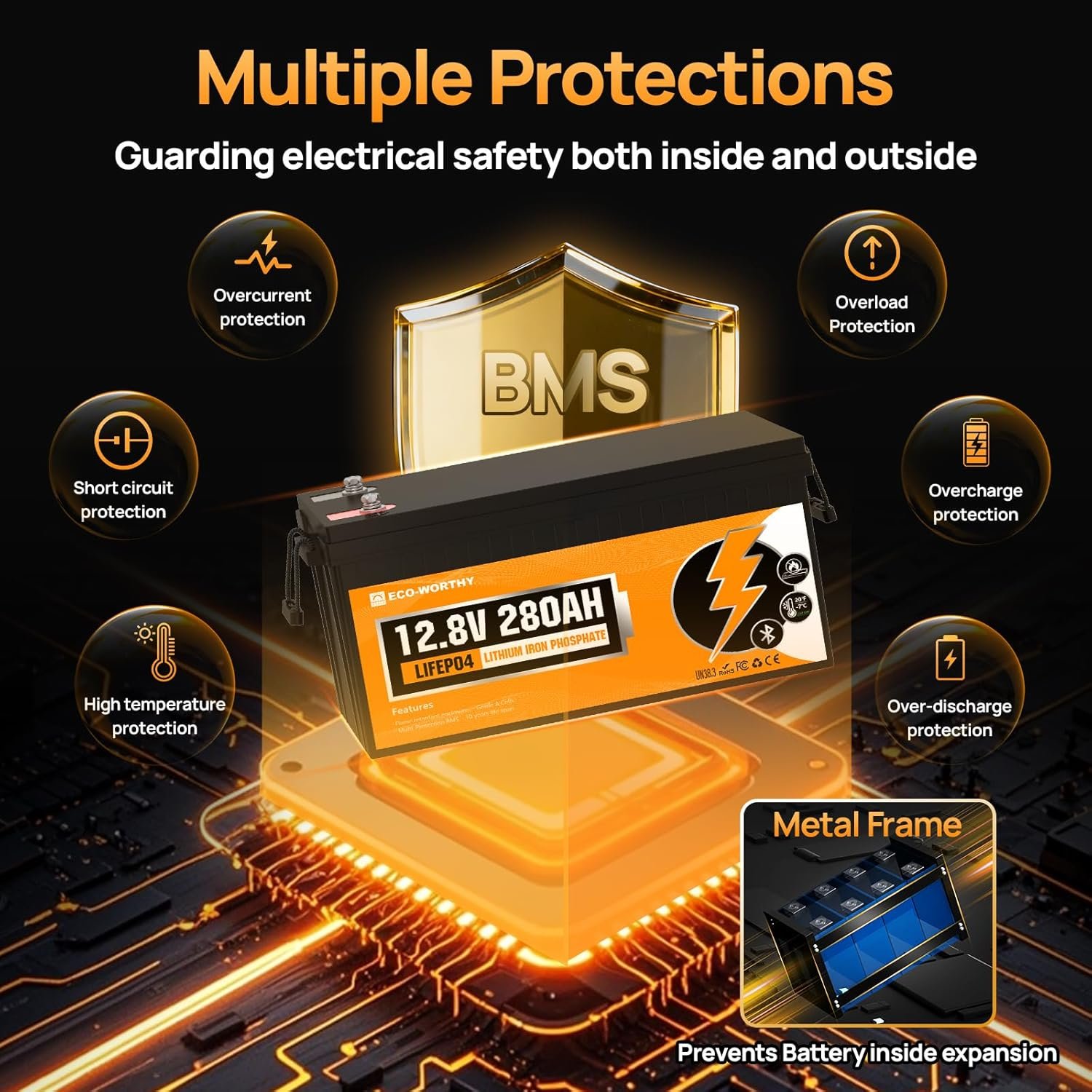ECO-WORTHY 12V 280AH LiFePO4 Battery,3584Wh Energy with Bluetooth and Low-Temp Protection,Built-in 200A BMS,for Motorhome,Marine,Home Backup,Off-Grid Solar - Image 8