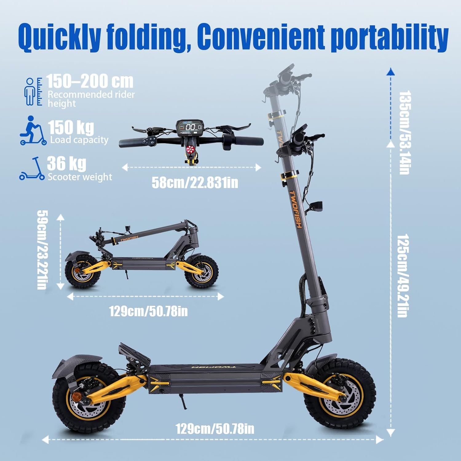 TWOFISH Electric Scooters Adult, 10"/12" Off-Road Fast Electric Scooter with Dual Brake System 4 Shock Absorbers, 60-70km Range, 3 Speed Modes, LCD Display, 150Kg Load Capacity - Image 6