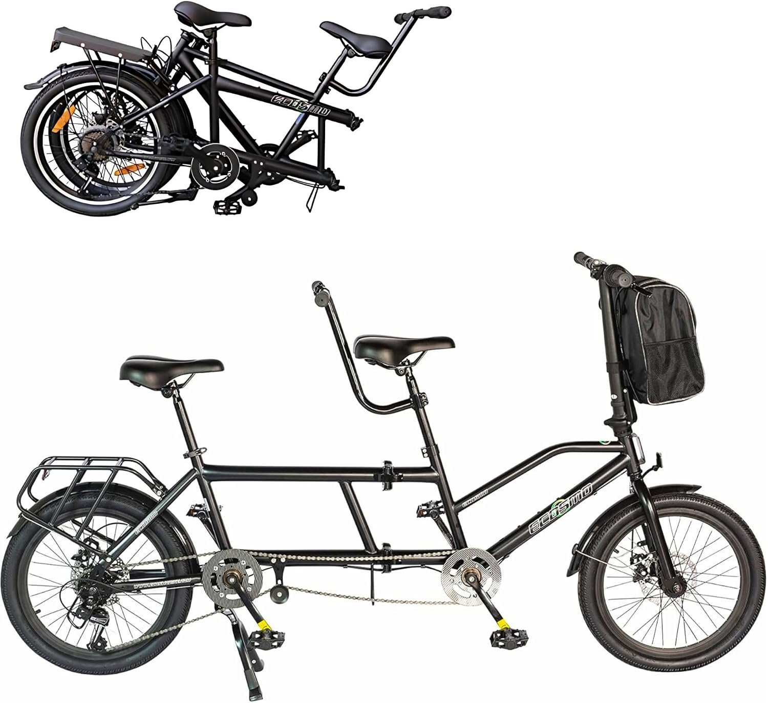 ECOSMO 20" New Folding City Tandem Bicycle Bike,7 Speeds, Dual Disc Brakes, Free Front Bag & Rear rack- 20TF01BL