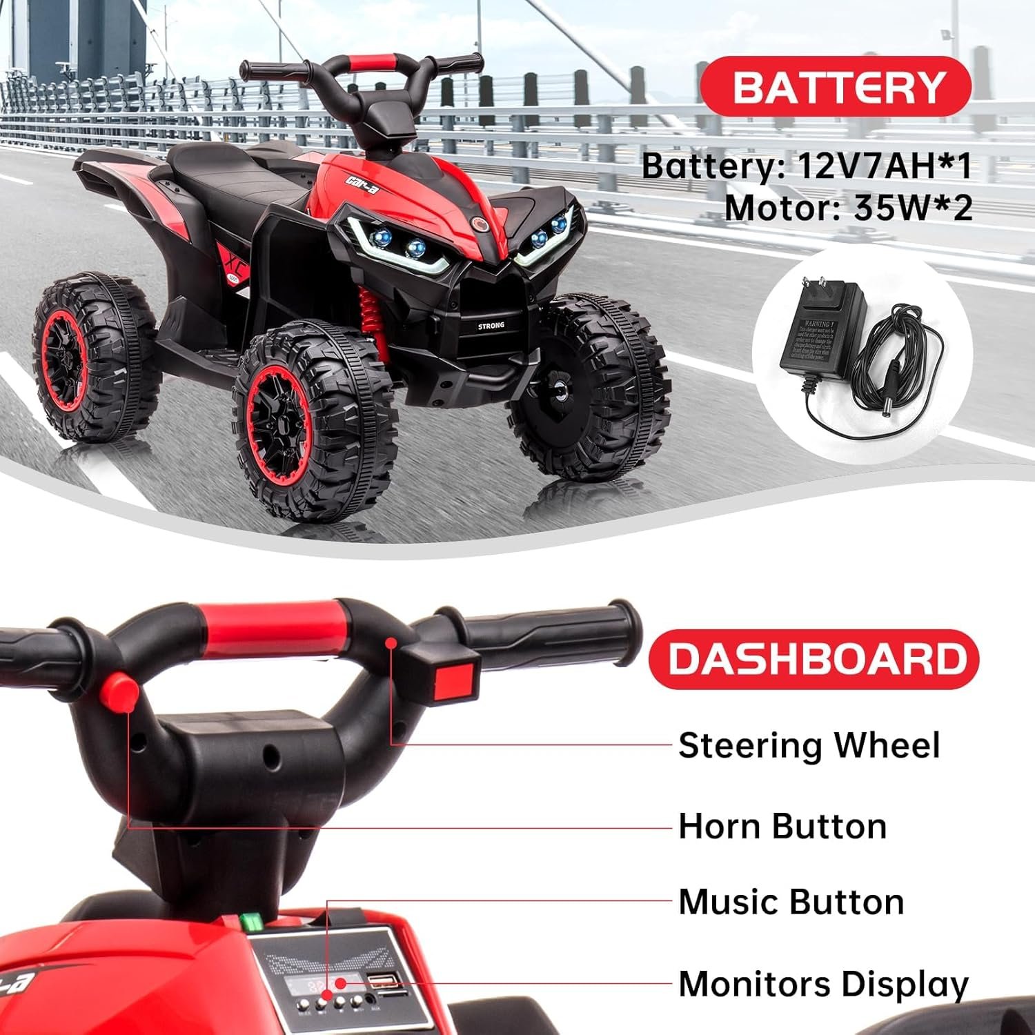 12V Kids Electric Quad Bike with Remote Control, 35W Motor & Metal Body, Ride on ATV Electric Vehicle Toy Car with Music, LED Lights, Horn for Boys Girls Ages 3-8 (83 x 53 x 56 cm) - Image 3