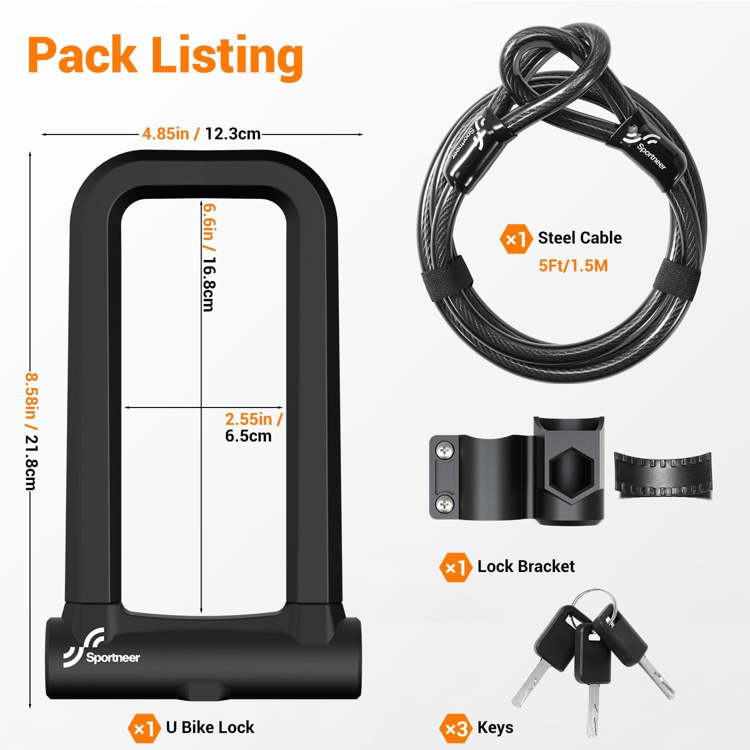 Sportneer Bike Lock: 18mm Heavy Duty Anti Theft Keyless Locking Bike U Lock with 5ft Security Steel Cable - Shackle Bicycle U-Locks with 3 Keys for Road, Mountain, Electric & Folding Bike - Image 5