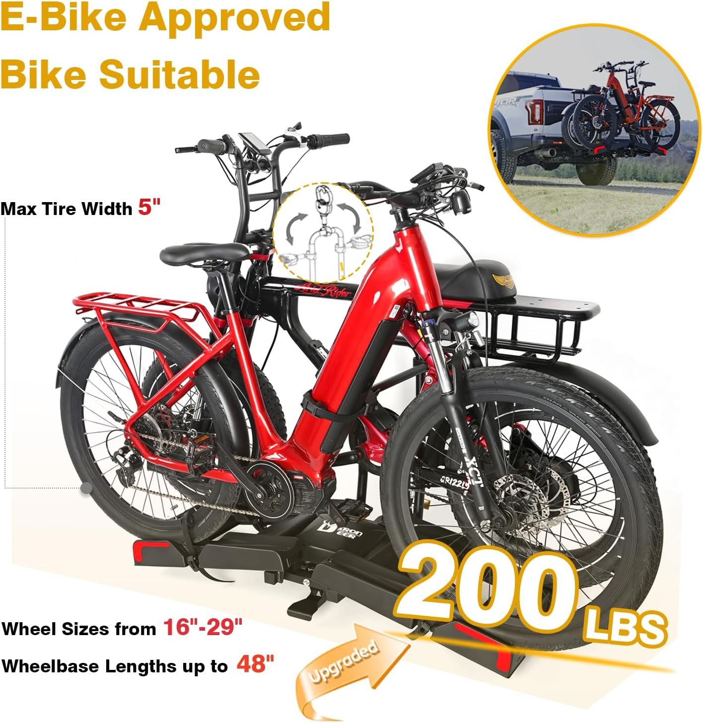 Eco Pro Upgraded 200lbs EBike Rack with Ramp for 2 E-Bikes, Hitch EBike Rack for Cars SUVs Trucks, Foldable Tilting Bike Rack Platform for Tow Hitch 2" Receiver, E-Bike Carrier Fits up to 5" Fat Tire - Image 3