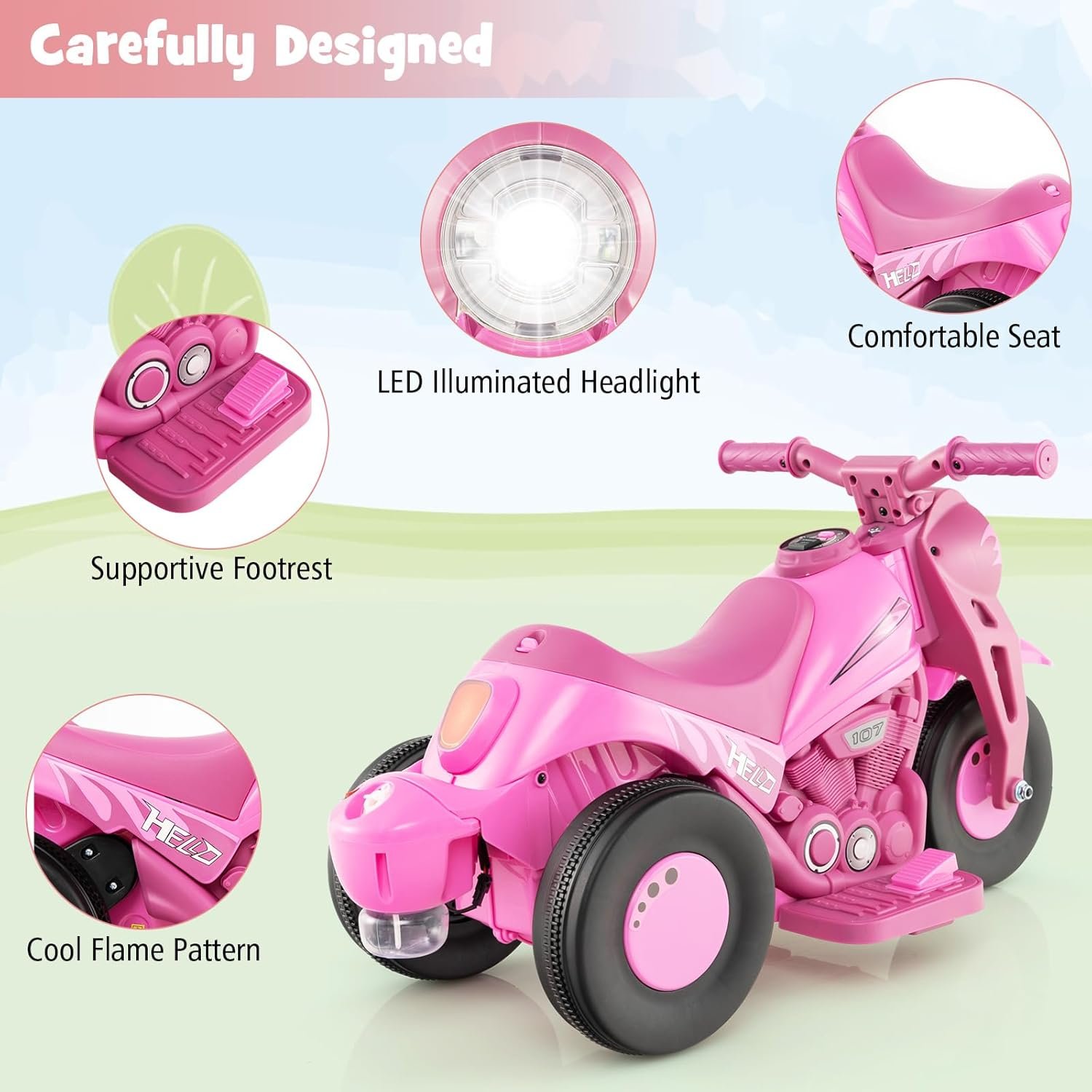GYMAX Kids Electric Motorbike, 6V Ride on Motorcycle with Bubble Maker, Music, Headlights, Forward & Backward, 3 Wheels Children Motor Bike for 3 Years Old+ Boys Girls (Pink), 81 x 36 x 43 cm - Image 4