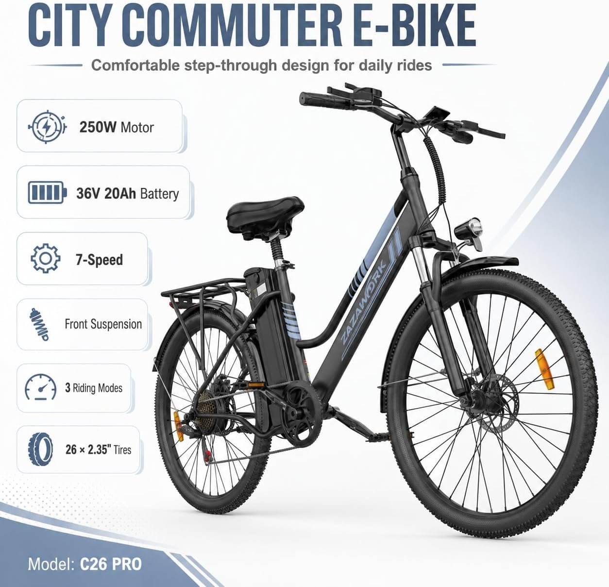 E Bikes for Men Adults, 250W Electric Bike with 39nm Torque, 36V20AH Battery 100-120km Range, 7-Speed Disc Brake & Spring Shock Absorber, 26 Inch Electric Bicycle for Outdoor & Commute - Image 5