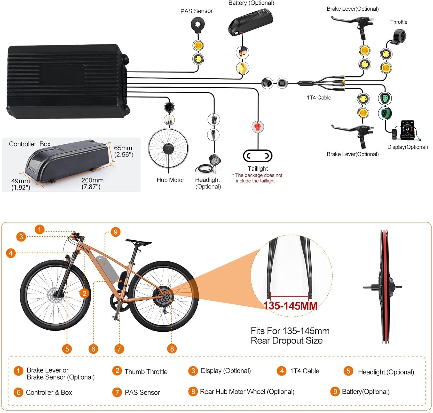 48V Electric Bike Conversion Kit - 20" 26" 27.5" 28" 29" 700C Front & Rear Wheel Hub Motor 125EVH 125XVH Ebike Conversion Kit with Battery and Display - Geared Brushless Motor for Cassette - Image 8
