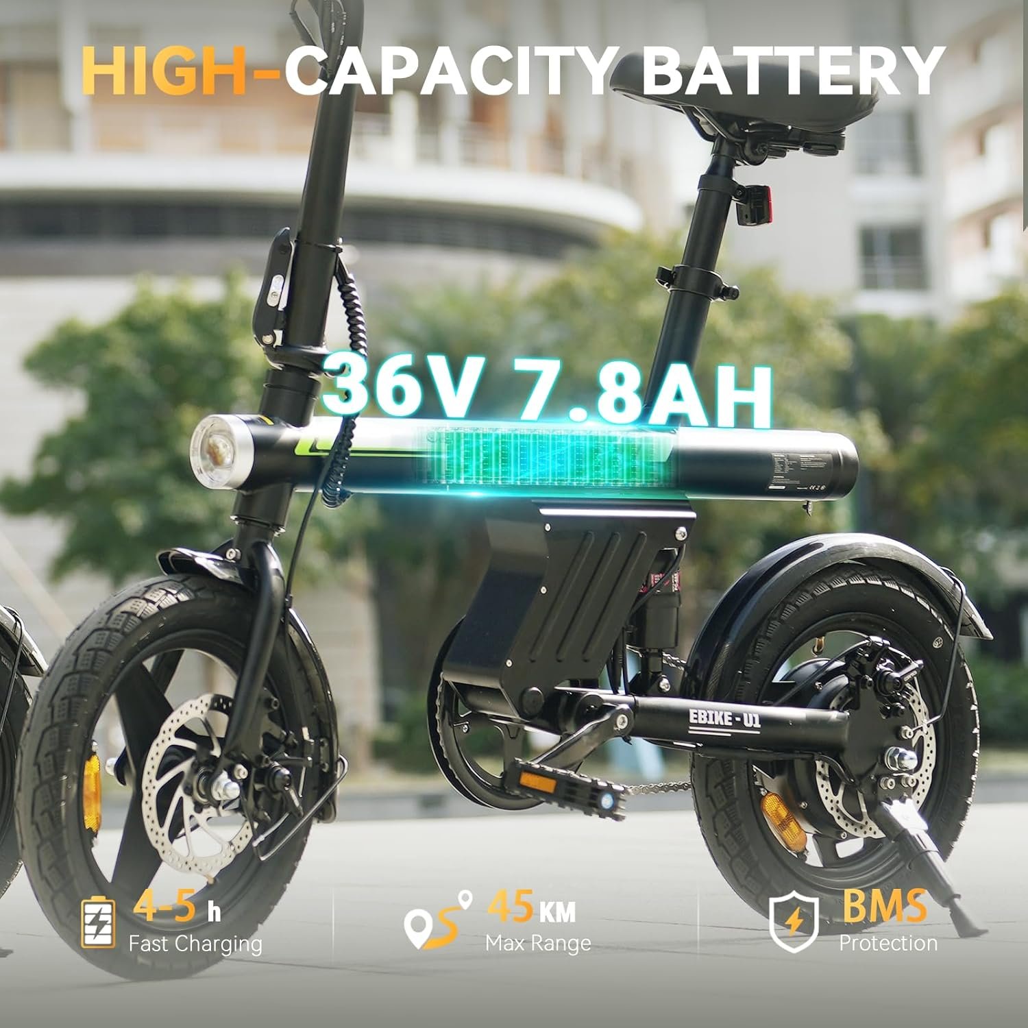14 inch Electric Bike for Adults Teens, Portable Folding Commute Electric Bicycle, 45KM Max Range, 36V 7.8Ah Built-in Battery, Integrated Headlight, Rear Shock Absorber, Award Winning Design E-bike - Image 3