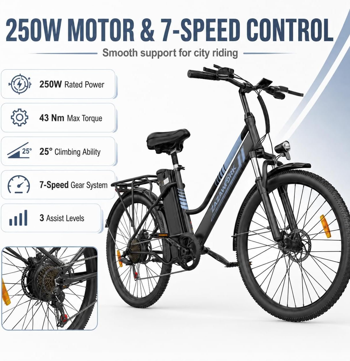 E Bikes for Men Adults, 250W Electric Bike with 39nm Torque, 36V20AH Battery 100-120km Range, 7-Speed Disc Brake & Spring Shock Absorber, 26 Inch Electric Bicycle for Outdoor & Commute - Image 7
