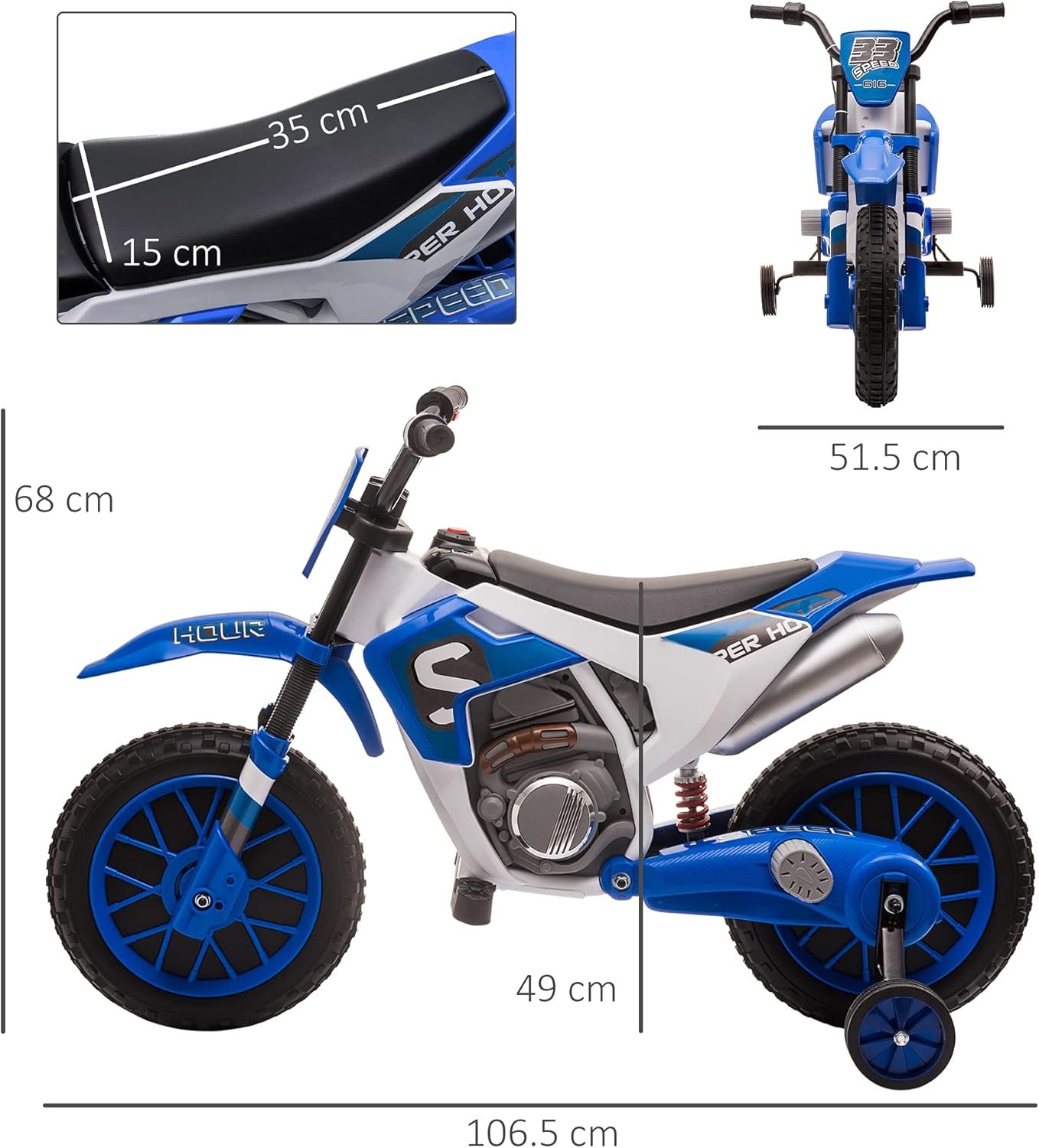 HOMCOM Kids Electric Motorbike, 12V Battery Powered Kids Motorbike for Boys and Girls with Training Wheels, Start-up Button, Pedal, for Ages 3-5 Years - Blue - Image 7