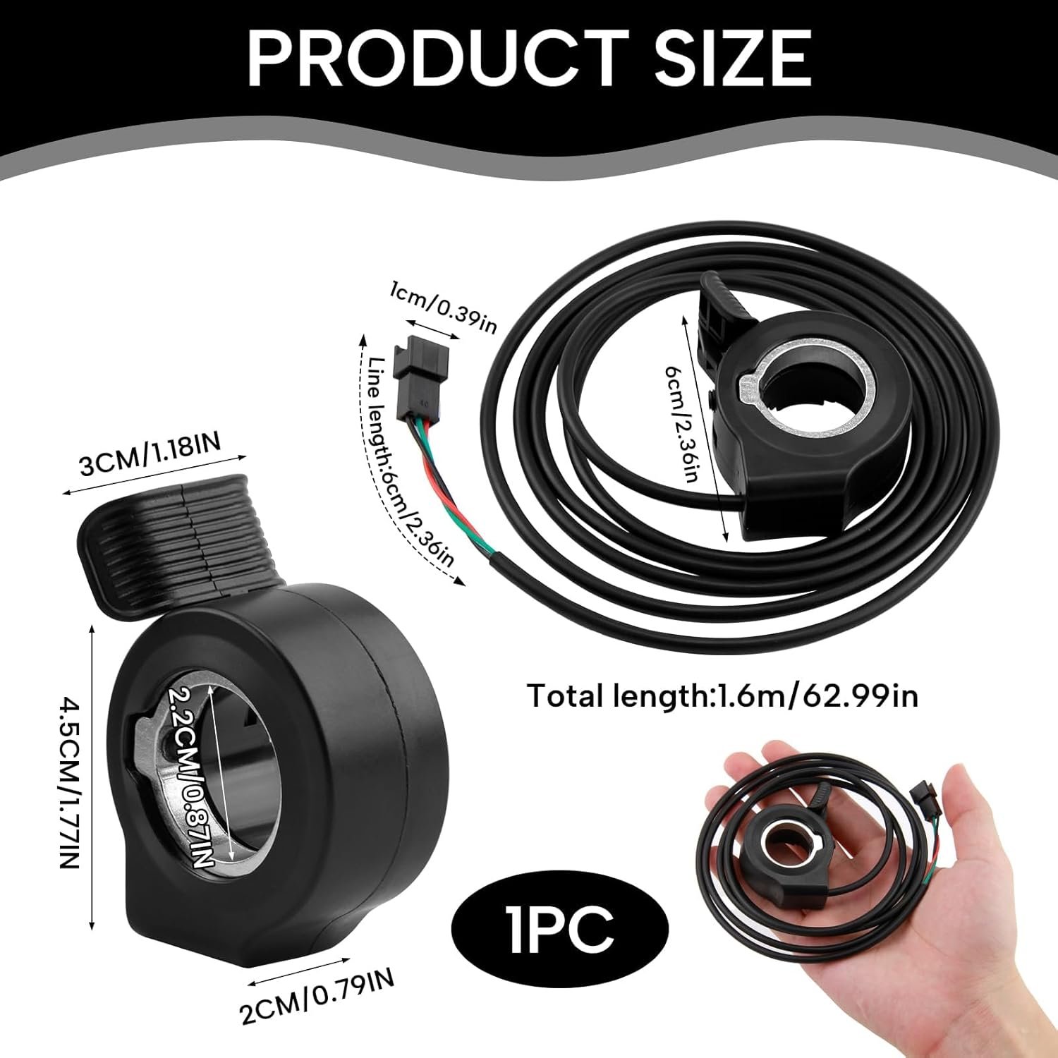 Thumb Throttle Electric Bike Scooter Throttle Speed Control, Waterproof 22mm/7/8" Accelerator Grip, 24V-72V Motors, Upgrade Kit (Black) - Image 2
