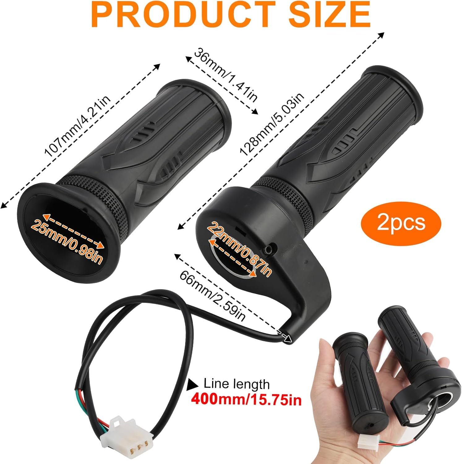 E Bike Throttle 3 Pin Full Twist Electric Bike Throttle 1 Pair Universal Right Scooter Speed Control Twist Throttle with SM JST Female Plug for Ebike Scooter Motorbike Motorcycle 22mm Handlebar - Image 2