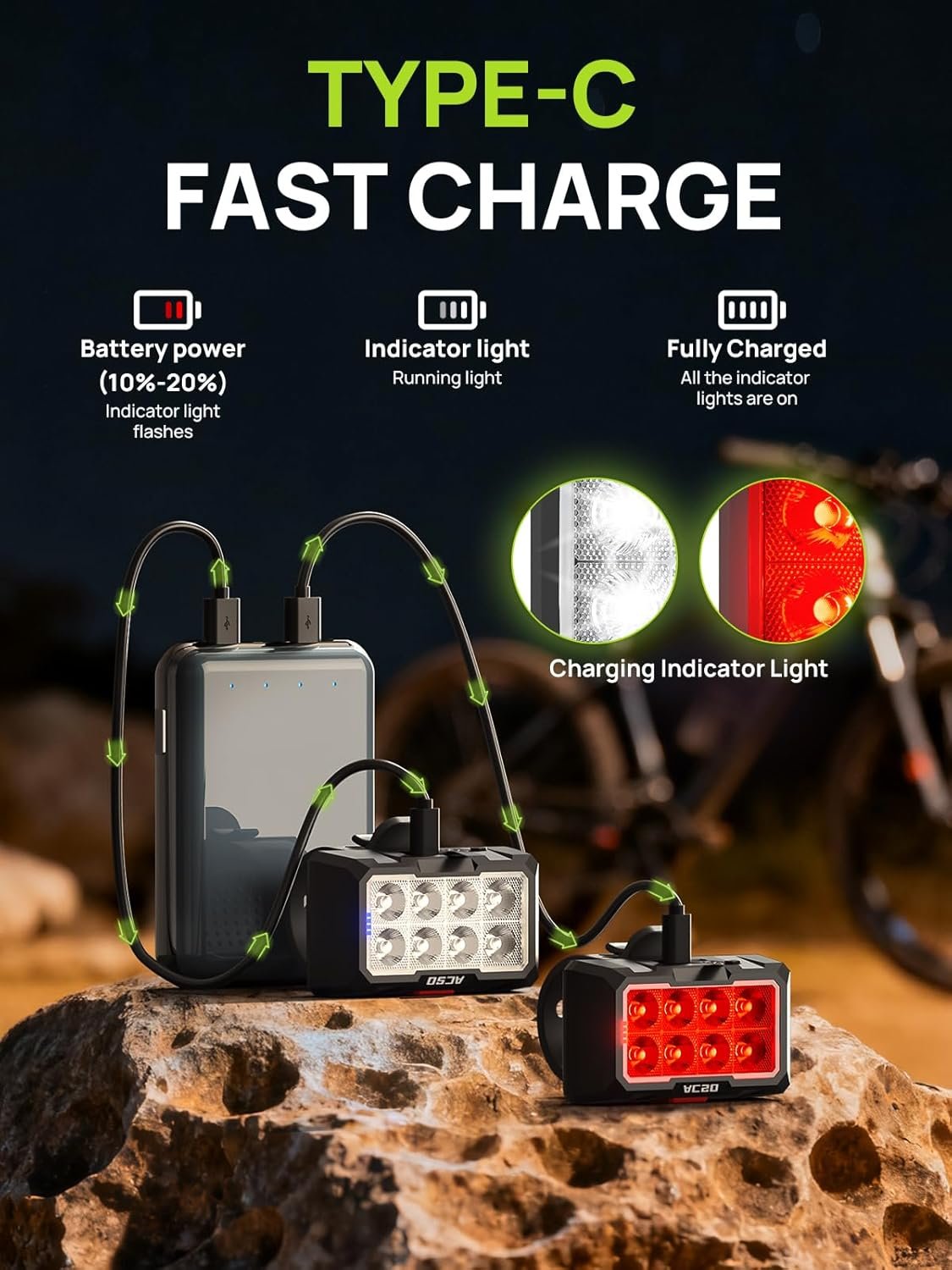 ACSO Bike Lights Front and Back,Super Bright Bike Light,IPX5 Waterproof,USB-C Rechargeable Bike Lights,5+8 Modes Bike Light Sets. - Image 5