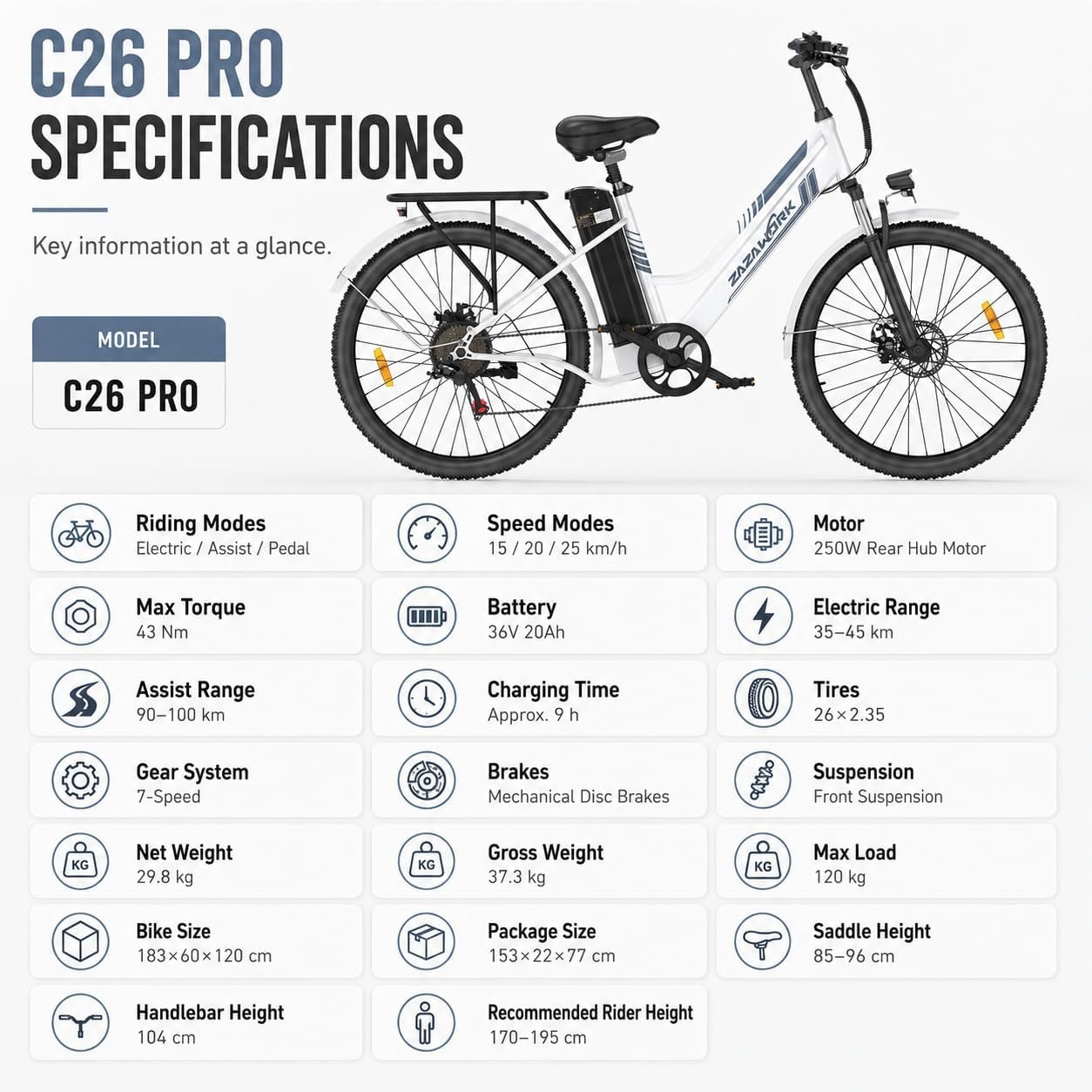 E Bikes for Men Adults, 250W Electric Bike with 39nm Torque, 36V20AH Battery 100-120km Range, 7-Speed Disc Brake & Spring Shock Absorber, 26 Inch Electric Bicycle for Outdoor & Commute - Image 5