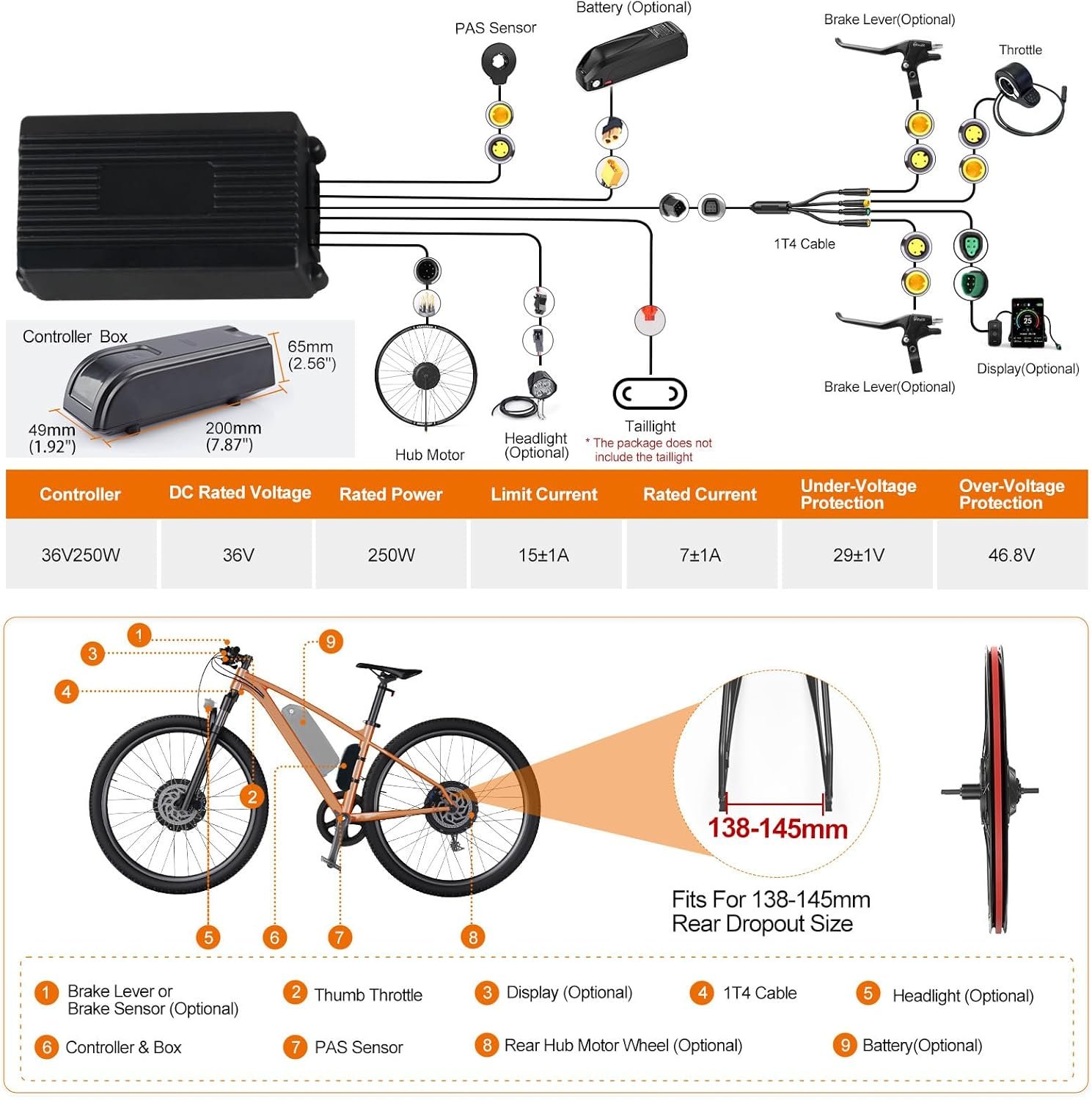 36V 250W Rear Ebike Conversion Kit 26" 27.5" 28" 700C Rear Wheel Hub Motor Kit Electric Bike Conversion Kit with VD04 Display & PAS Sensor & Controller for City & Mountain Bikes - Image 7